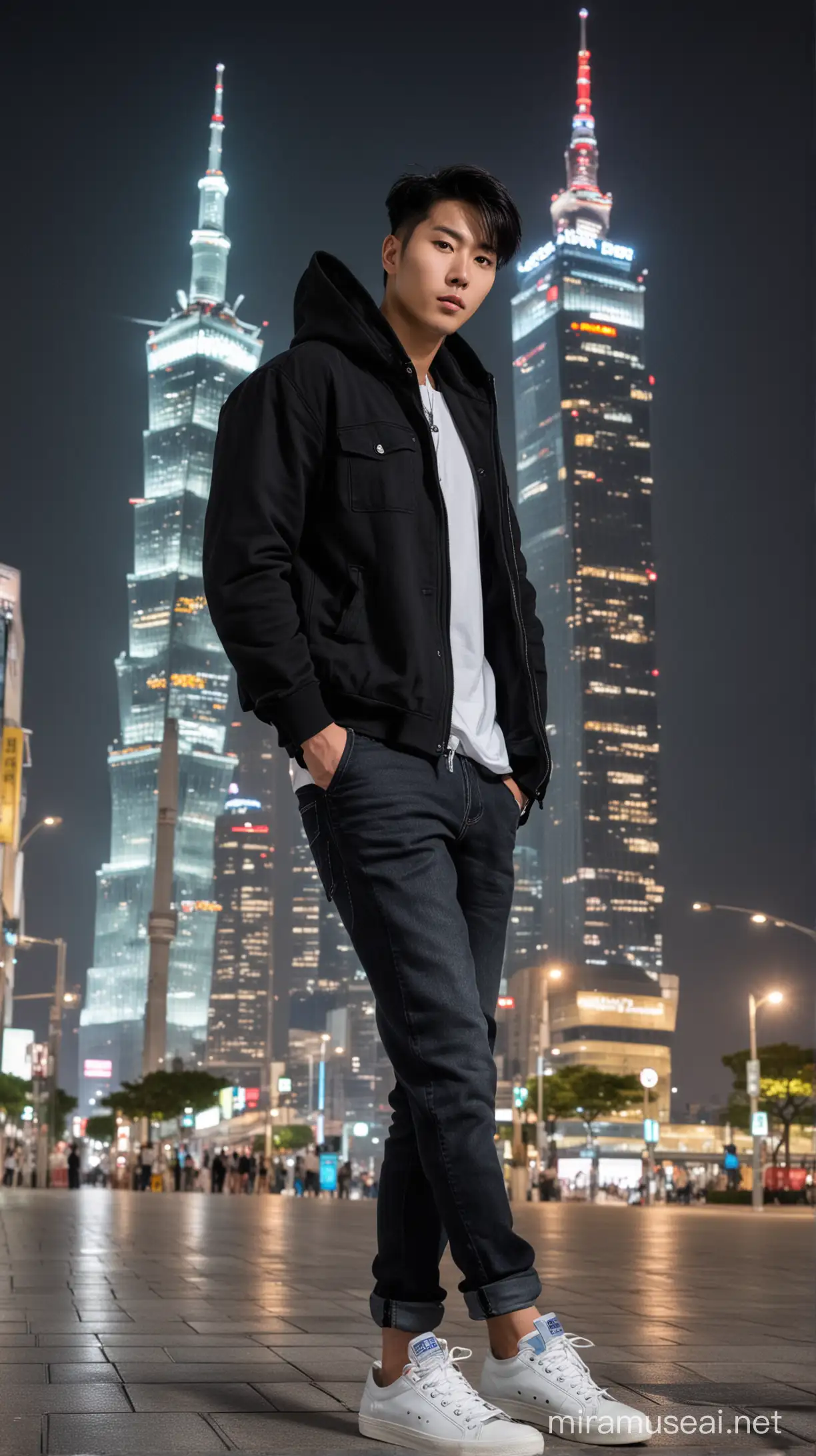 Stylish Korean Man Poses Under Taipei 101 Tower at Night