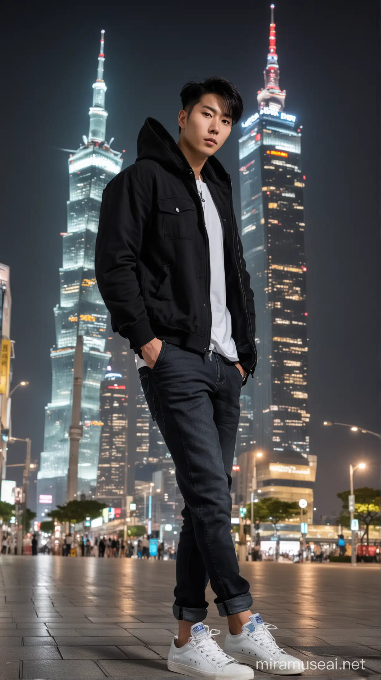 Pria Korea tampan bersih rambut undercut hitam rapih,dengan memakai jaket Hoodie hitam dan Levis dan sepatu snaker berwarna putih sedang berpose di bawah menara Taipei 101 Taiwan saat malam hari, wajah menghadap camera suasana romantis ultra HDR extreme gambar sempurna tidak cacat