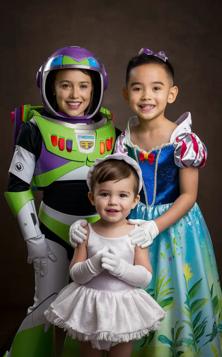 Photograph of a 9-year-old girl wearing a Buzz Lightyear costume, a cute 7-year-old little blonde boy with short hair shaved on the sides wearing a colorful Snow White Disney Princess dress, and a cute 5-year-old little short-brown-haired boy wearing a frilly white Bo Peep dress and gloves and bonnet, English, perfect children faces, perfect faces, smooth skin