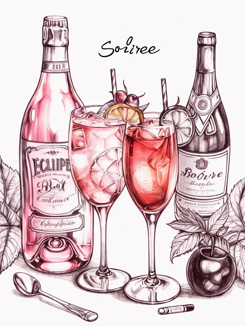 sketch Illustration of soirée drinks for bachelorette party with eclipse do not crop