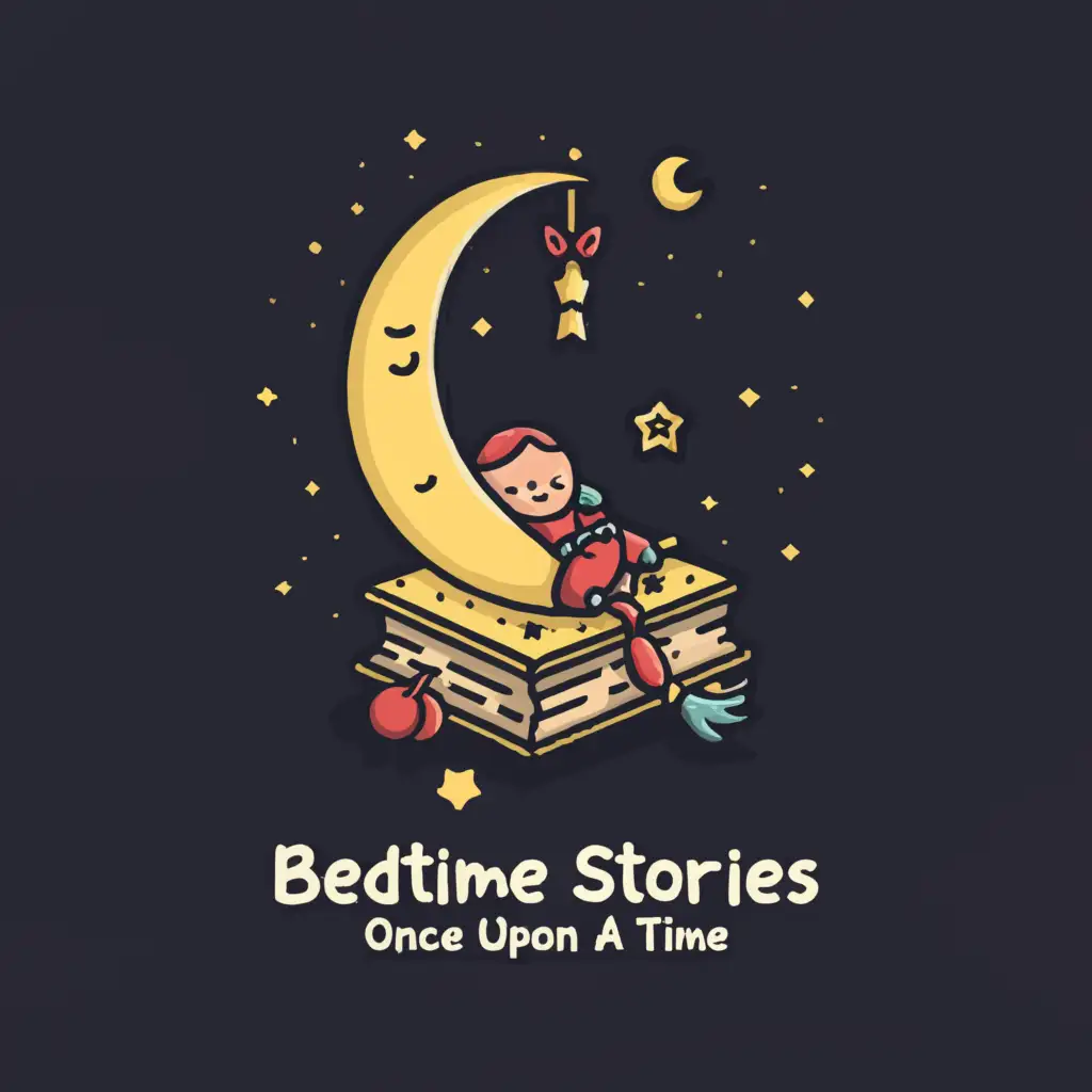 a logo design,with the text "Bedtime Stories - Once Upon a Time", main symbol:a book act as a bed with a children sleeping, with a moon,Minimalistic,be used in Home Family industry,clear background