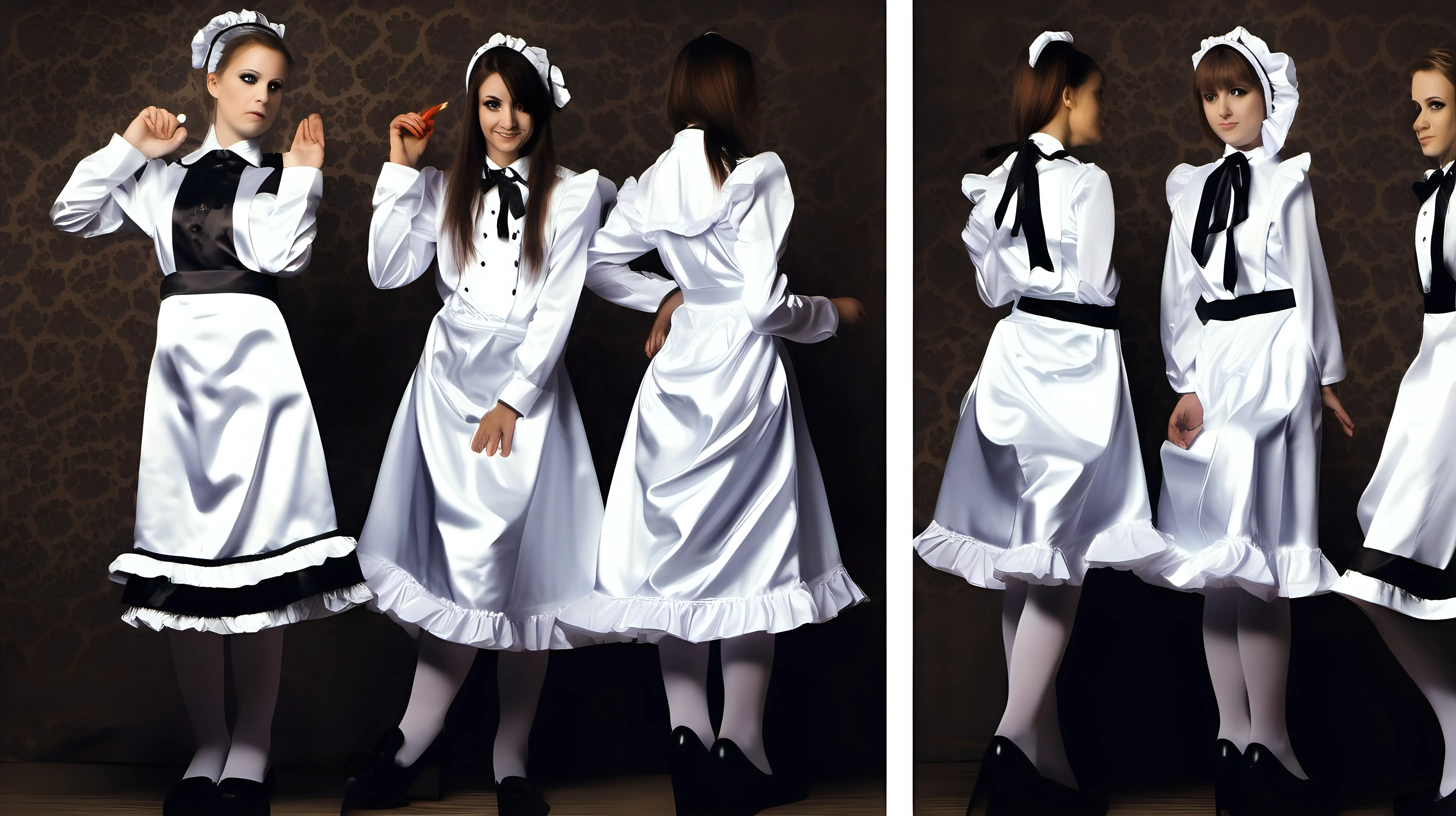 Elegant Girl in Satin Long Maid Uniforms