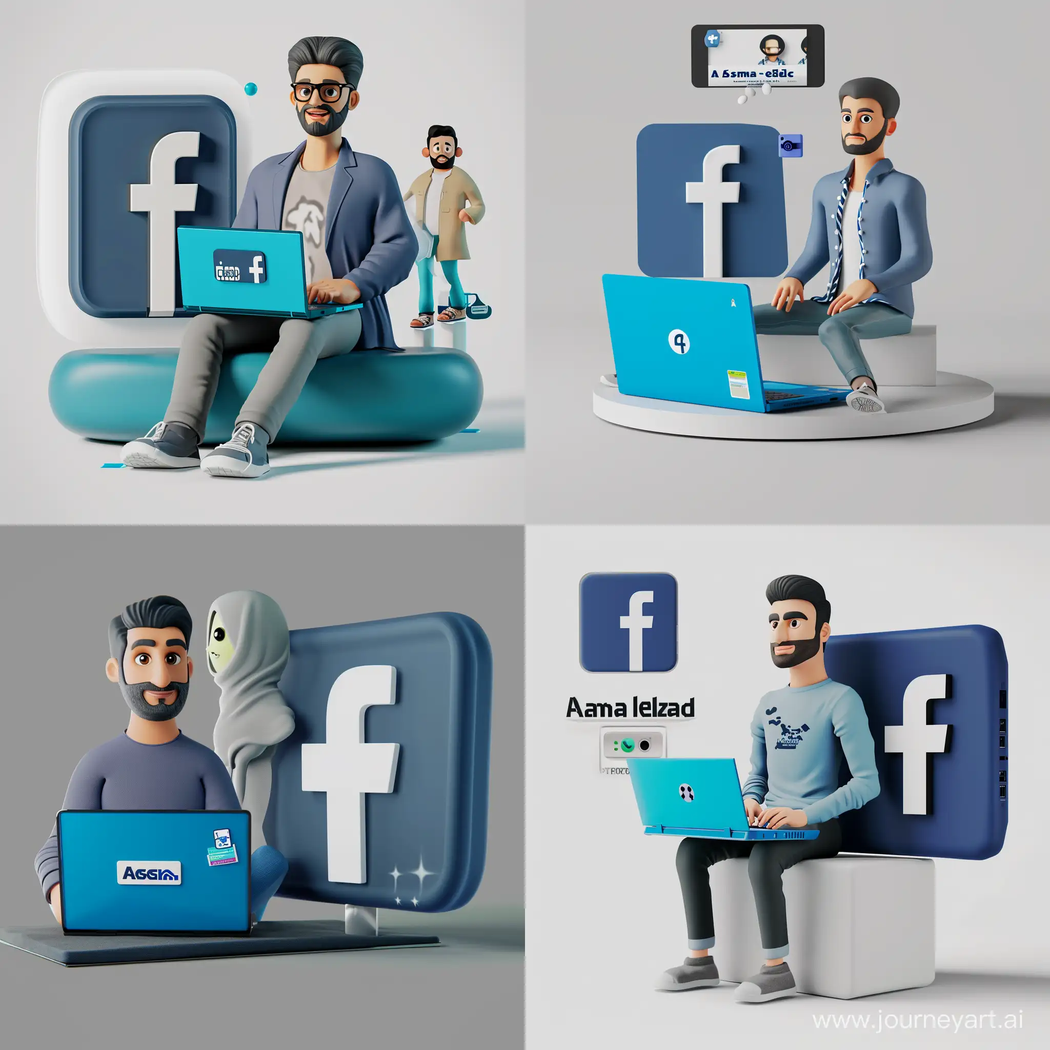 Create a 3D illustration featuring a realistic man,
casually sitting with a blue dell laptop beside of a
social media logo, specifically 'Facebook.' The
character should looks like a Graphic designer and
Enterprenure, background of the image should
showcase a social media profile page real data
username `Asma elsaid ' and a matching
