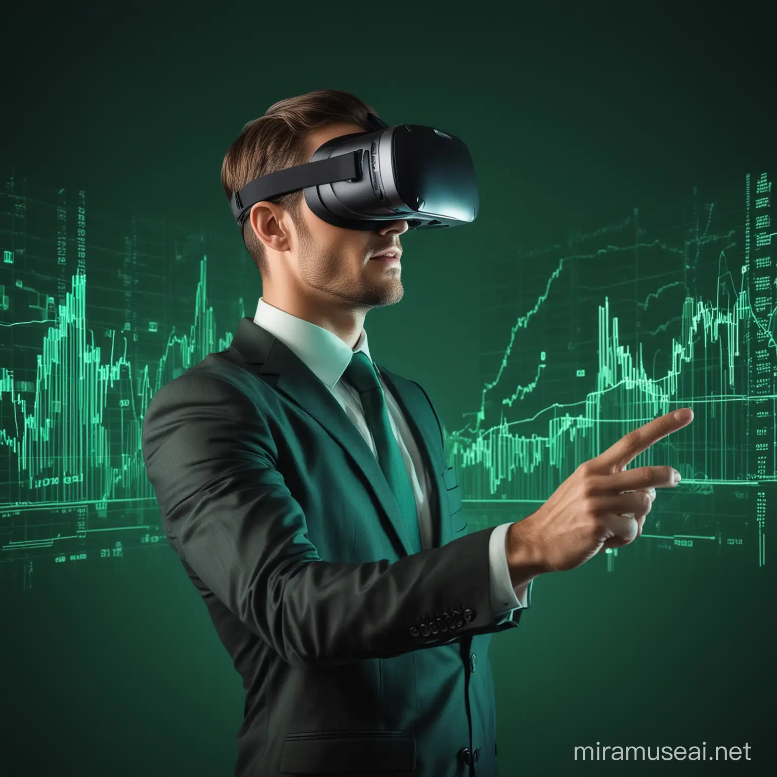 businessman wearing a virtual reality headset while manipulating augmented reality stock trading graphs with his hand, all in shades of tiffany green lighting against a dark green background