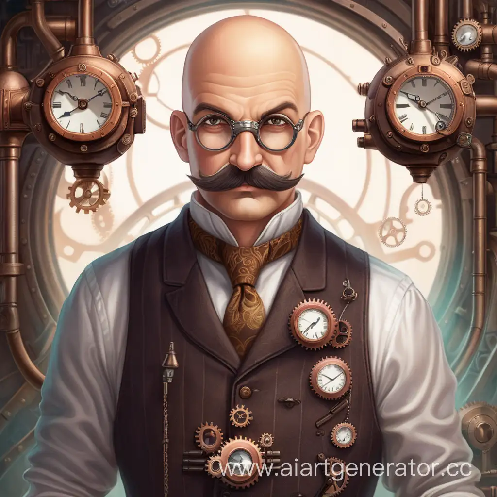 An inventor in the steampunk style. A bald man with a mustache.