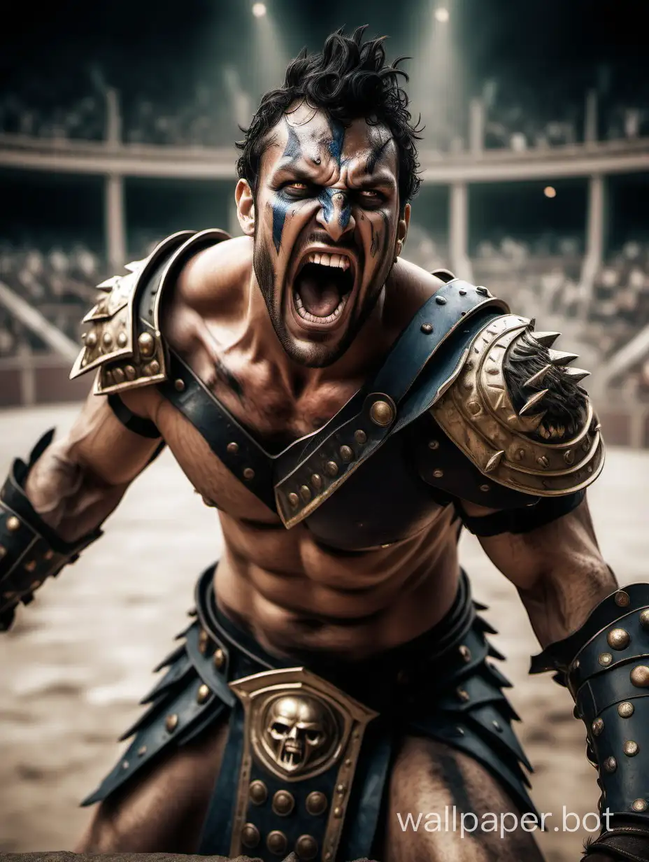 A handsome Dimachaerus gladiator screaming in rage staring at you in the arena. he has some cuts and scars on his body