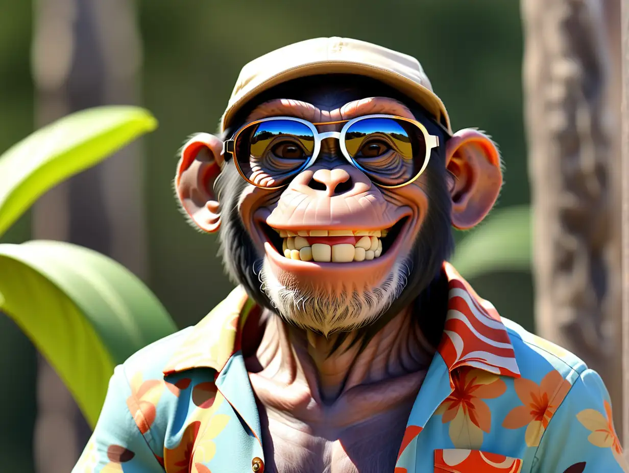 Smiling Chimpanzee in Stylish Tourist Attire and Sunglasses