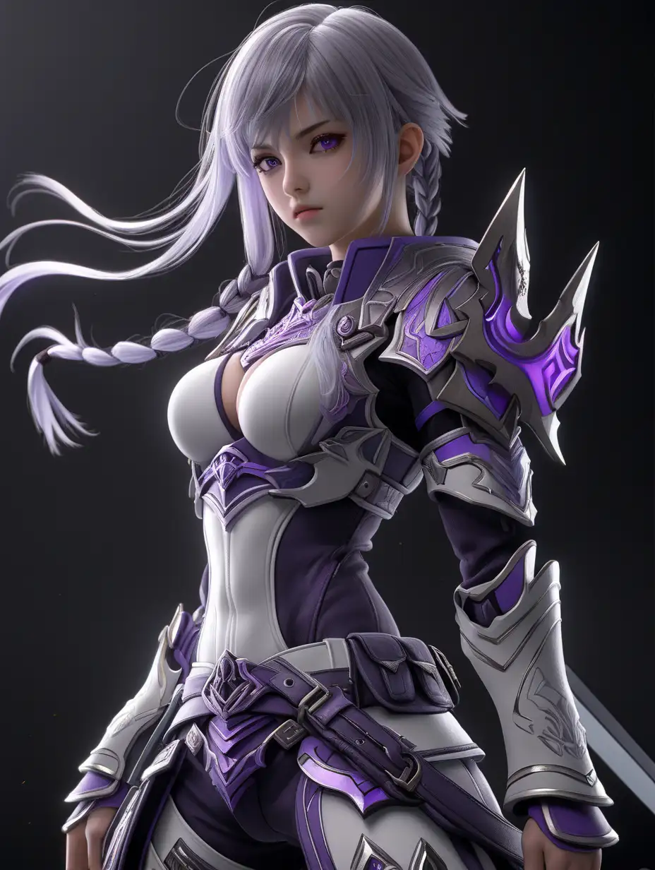 (cinematic lighting), An anime beautiful girl warrior, Envision her clad in practical yet elegant white and purple trim warrior attire, wear boots, greyish hair, Her eyes reflect a mix of determination and vigilance, no weapon in the photo, black background at the back, full body photo, angle from below, intricate details, detailed face, detailed eyes, hyper realistic photography,--v 5, unreal engine