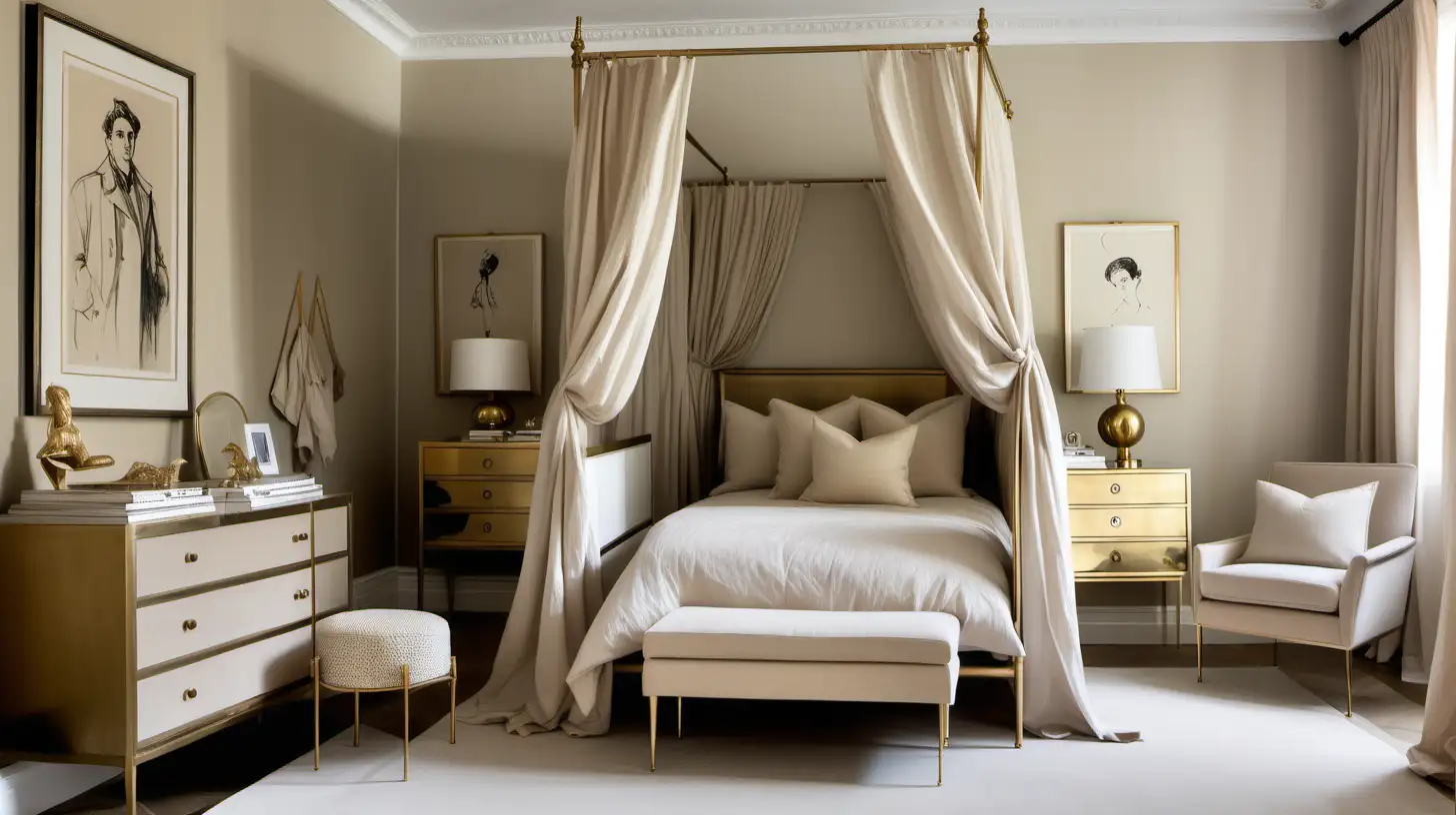 Modern Parisian Kids Bedroom Design with Beige Walls and Brass Accents