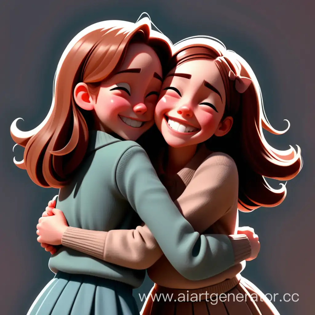 Two girls hugging. One of them stands with her back to the screen, her head tilted to the camera, and smiles awkwardly. The image is in a top-down perspective