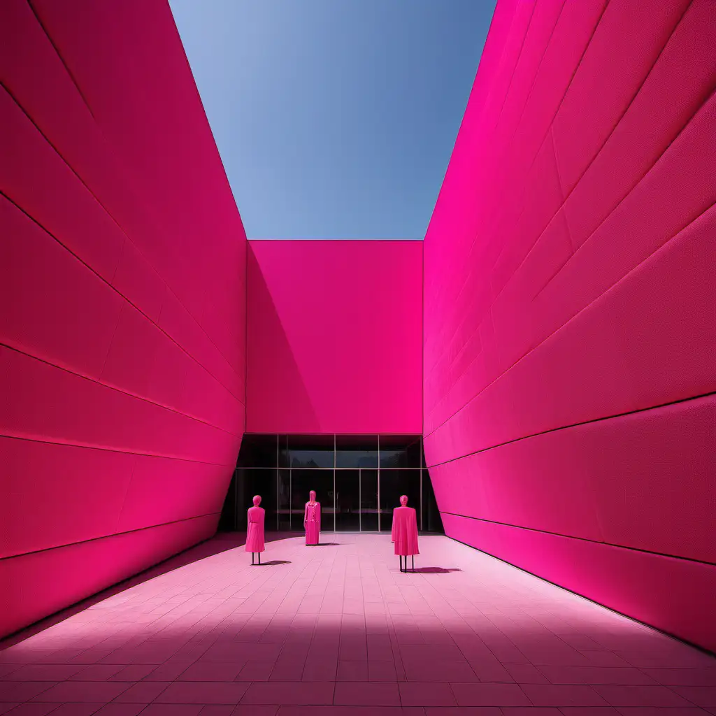 A big pink modern museum with very bold scenography 