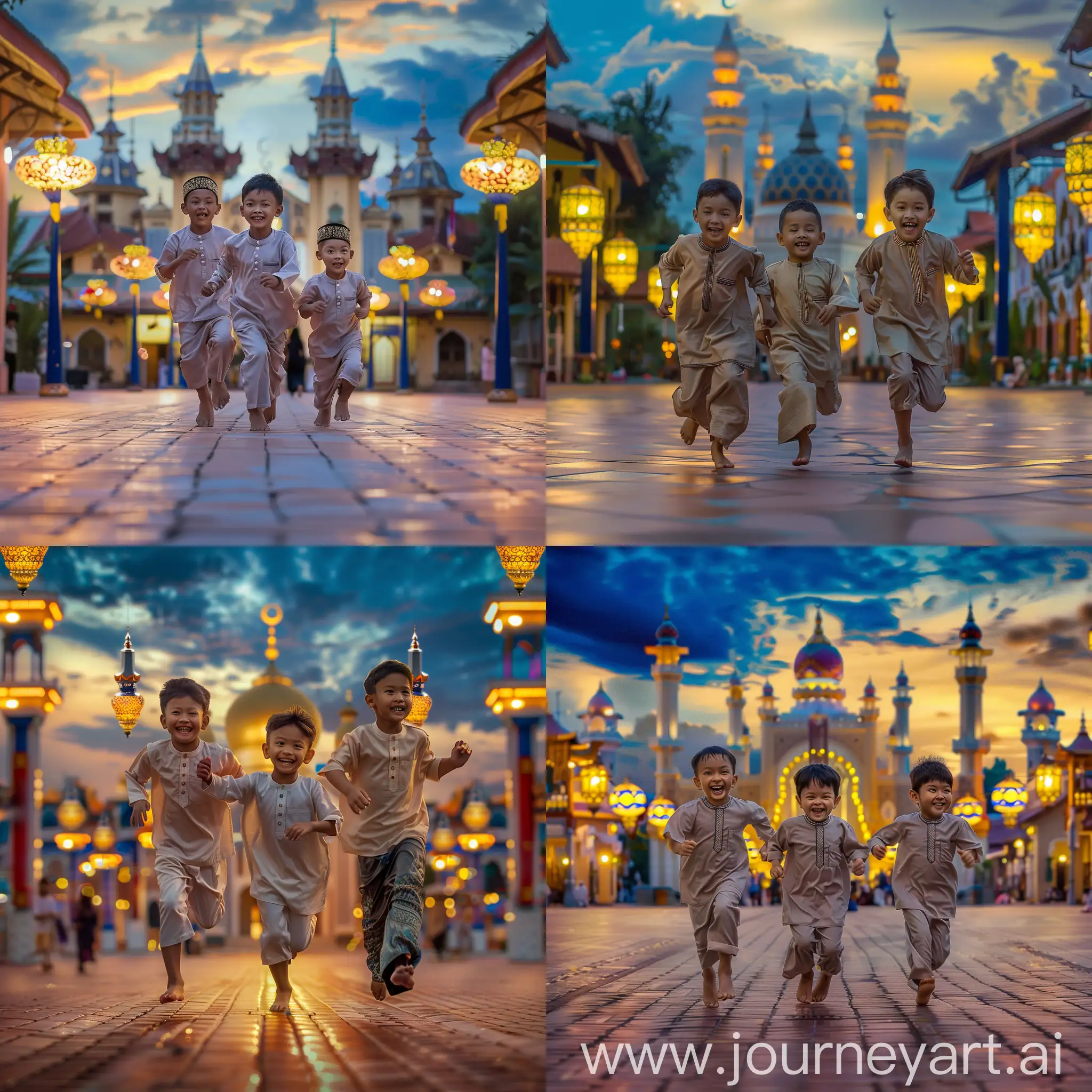 ultra realistic, three young Malaysian boys are running happily towards the mosque. they wear plain baju malay and wear songkok. The atmosphere is night and the sky has blue and yellow clouds. The mosque is illuminated by the light of traditional lanterns on the left and right of the street. canon eos-id x mark iii dslr --v 6.0