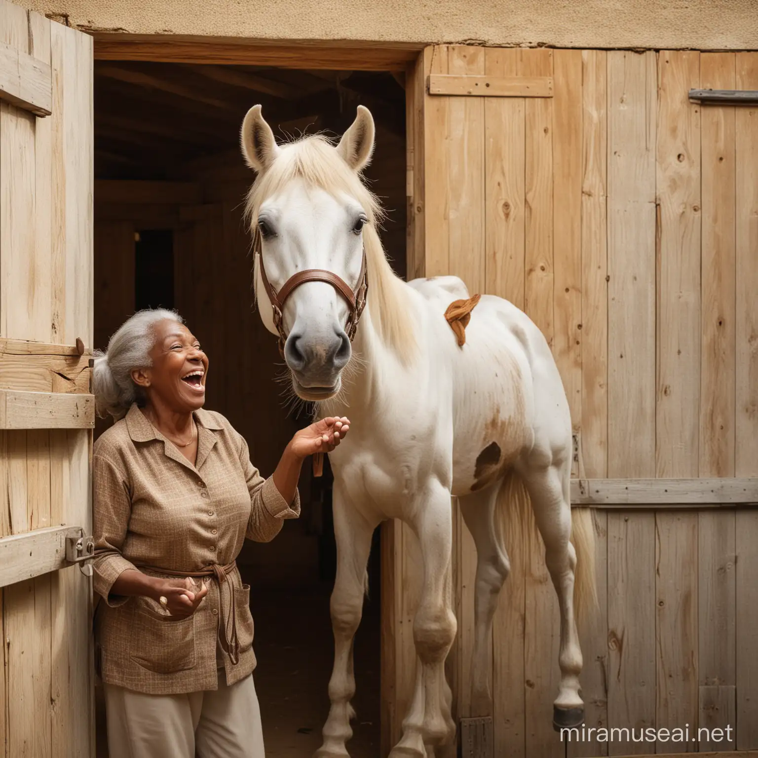 White horse in a stable with the door open with light around the horse highlighting the horse and an excited brown african american old man on the left side and an excited  brown african american old woman  on the right side extending her hand toward the horse.