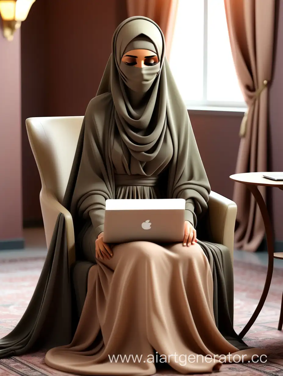 Contemporary-Muslim-Woman-Working-on-Laptop-in-Elegant-Khaki-Dress