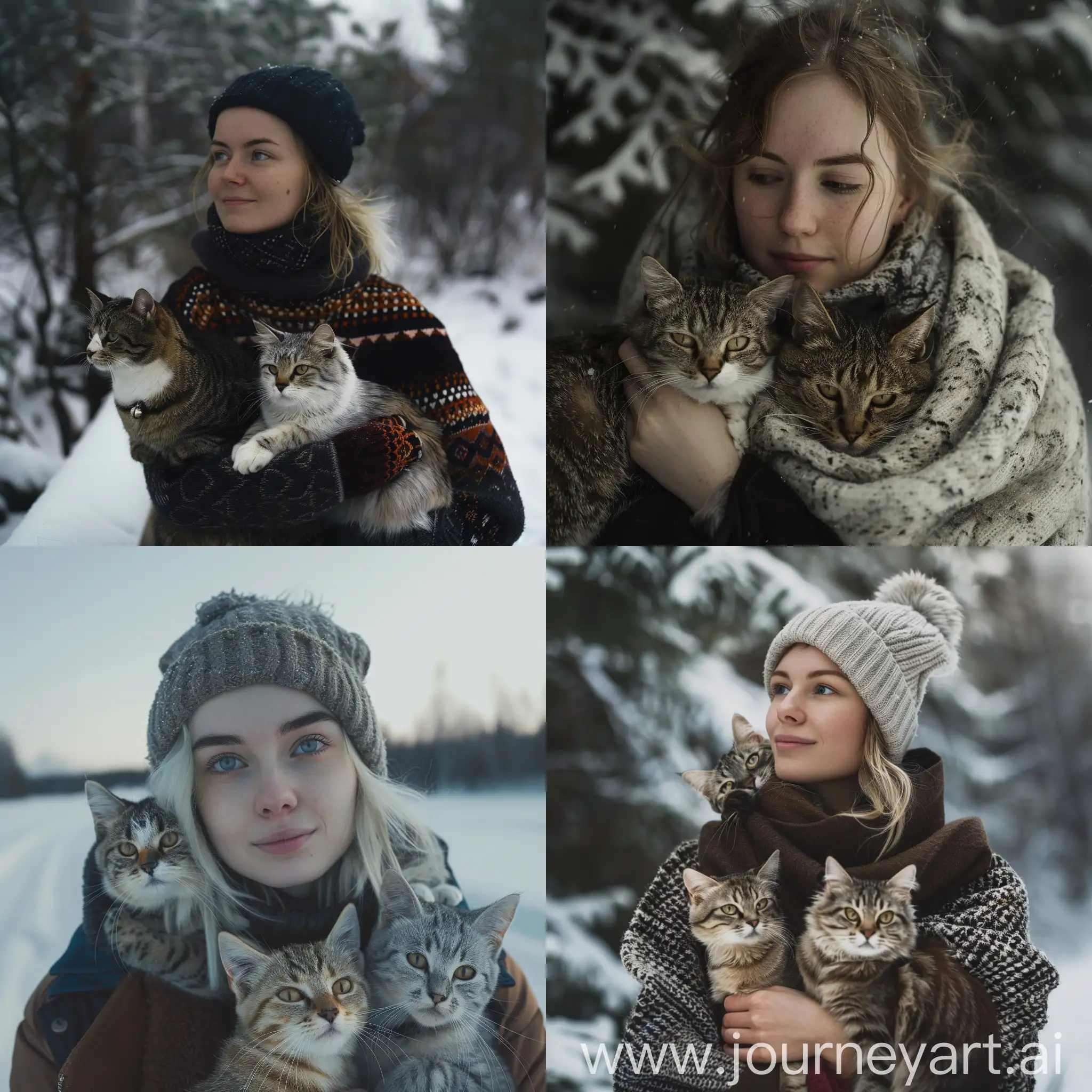 Scandinavian-Style-Portrait-of-Young-Woman-with-Two-Cats-in-Winter