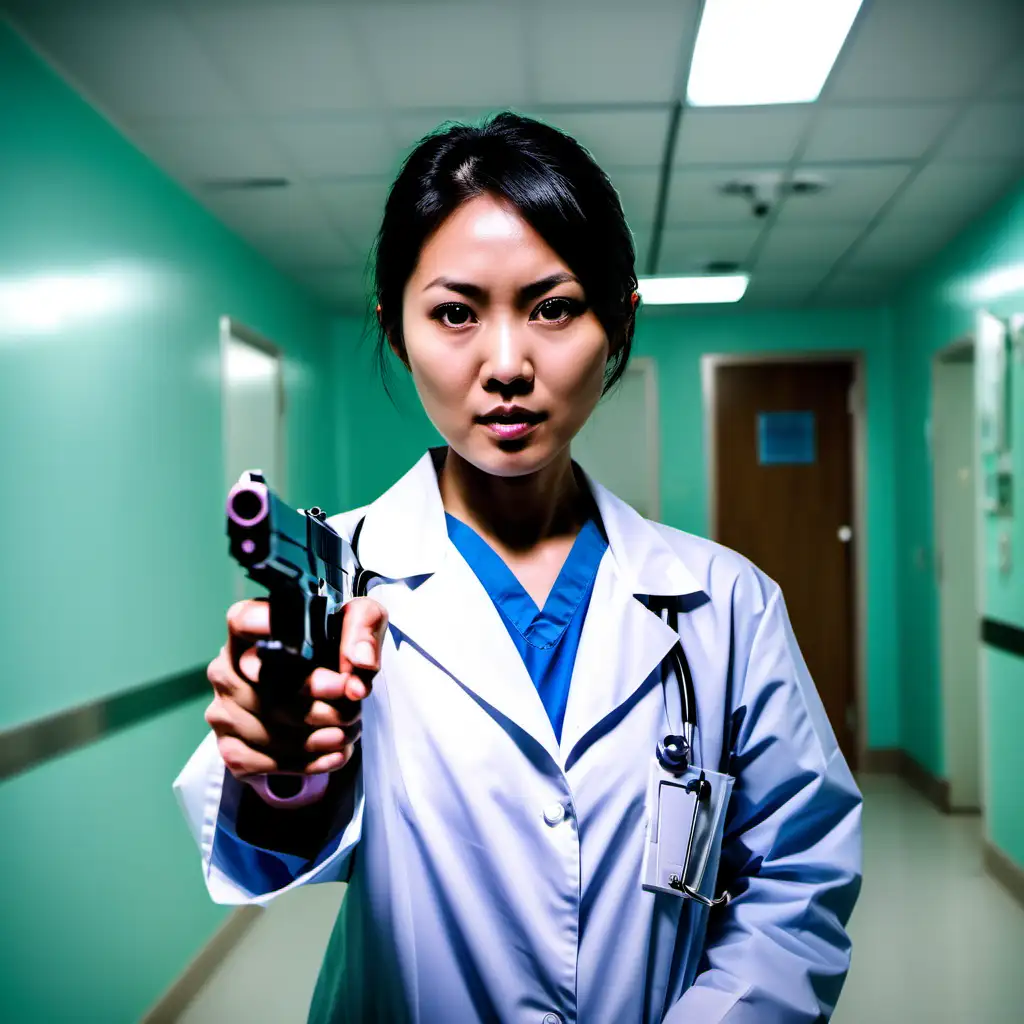 Asian female doctor in a hospital holding a silenced pistol 