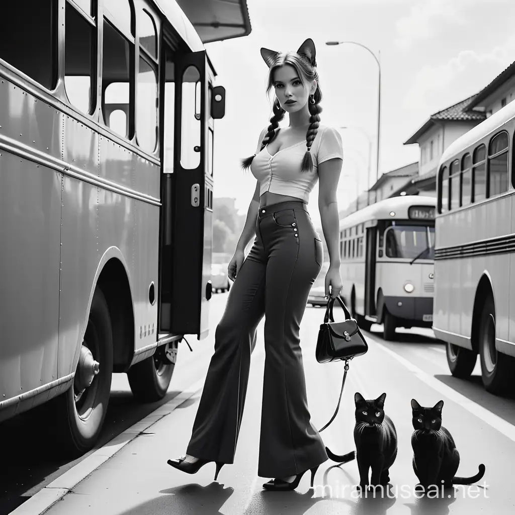 dans une prise de vue au ras du sol, en ultra grand angle 14 minimètres LEICA SUMMILUX , et dans un style jeanloup SIEFF , une belle autricienne avec de trés grandes couettes dans les cheveux ,un pantalon patte d'éléphant et des talons trés haut attend le bus avec ses deux chats , en photo monochrome à grade dure,