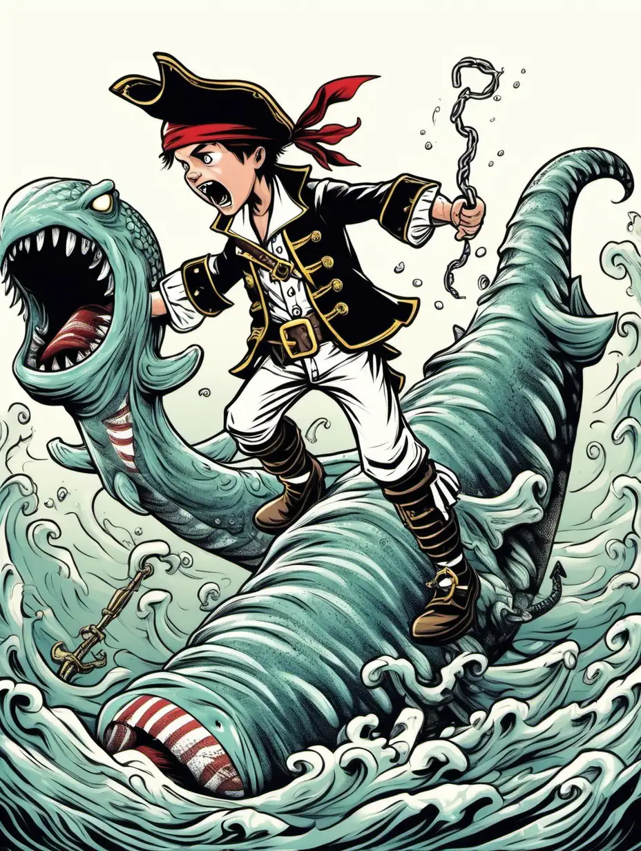 a boy in a pirate uniform with a sock in his hands is fighting a sea monster