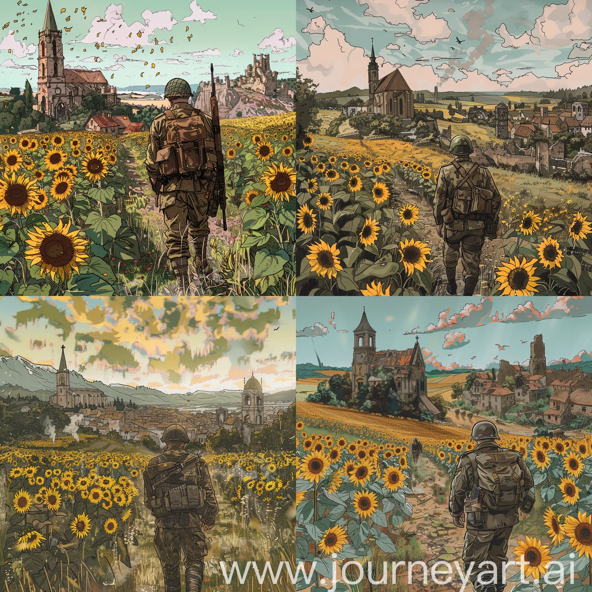 Battlefield-V-Soldier-Strolling-through-Sunflower-Field-near-Dilapidated-Church-and-City