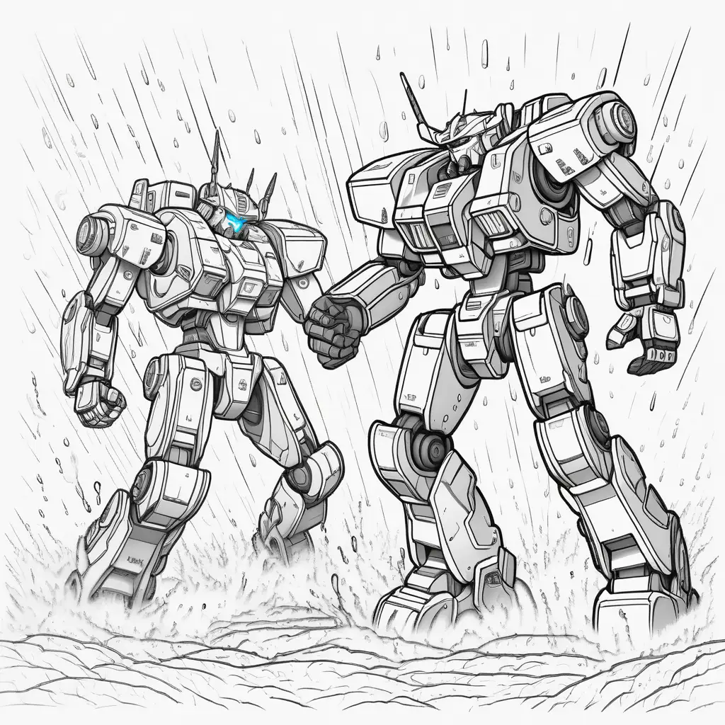Mechs battling in a thunderstorm amid flashes of lightning and torrential rain, coloring book style, thick lines, white background, no shading, simple
