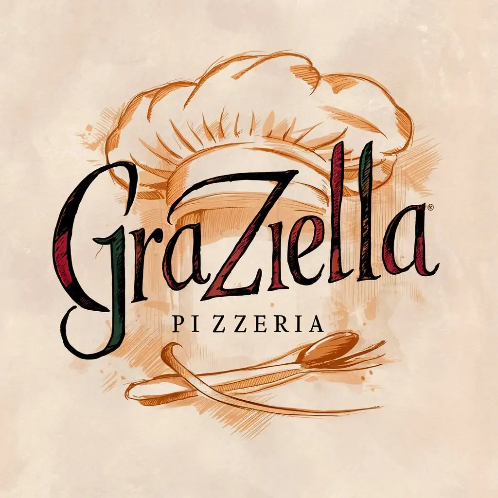 Handwriting Graziella Pizzeria logo with Italian colors, Quote Slice of Italy, chef hat sketched, Elegant typography,
