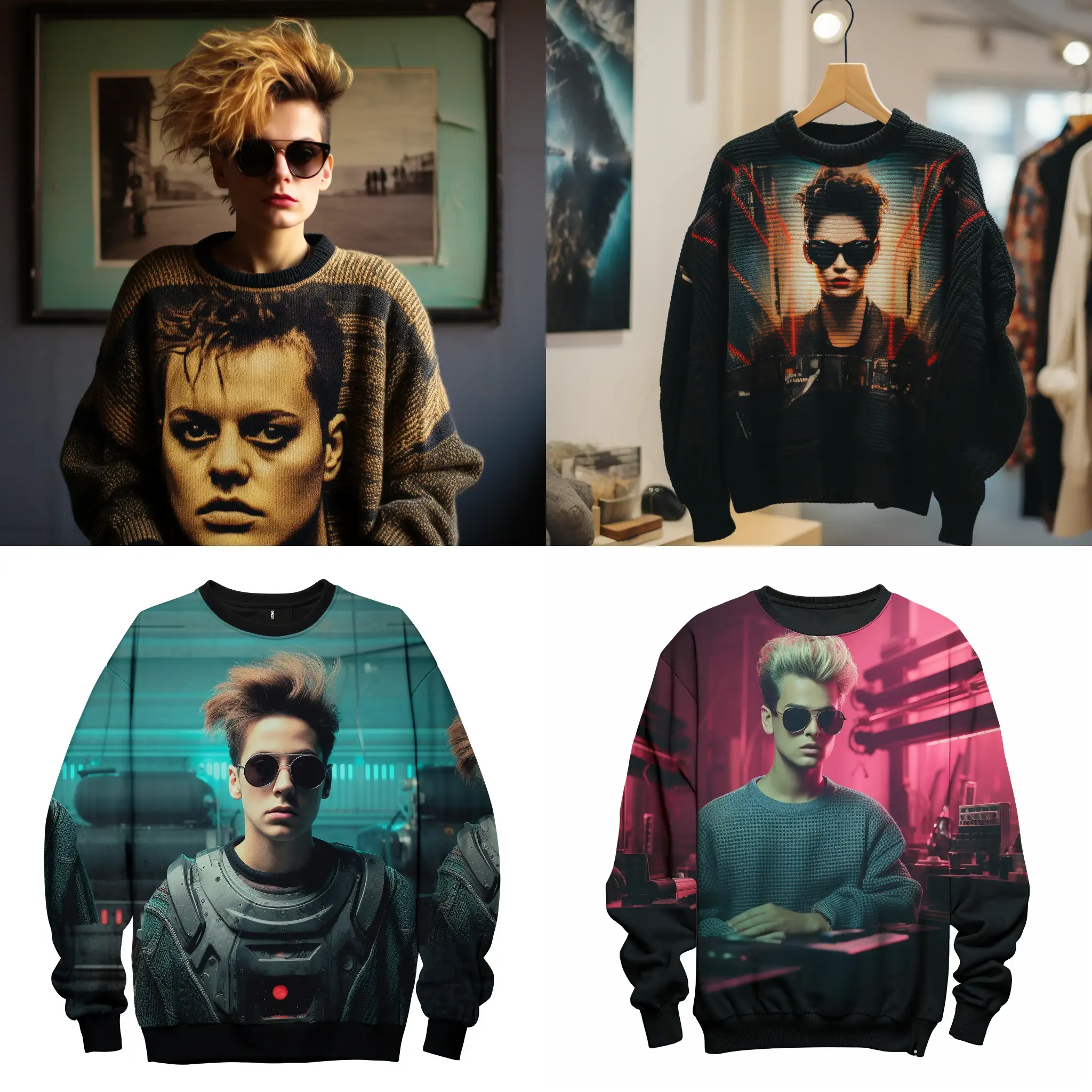 A photo of an oversize knitted sweater with a flat image, 80s punk style, cyberpunk films, an image on a sweater of a computer that controls the world