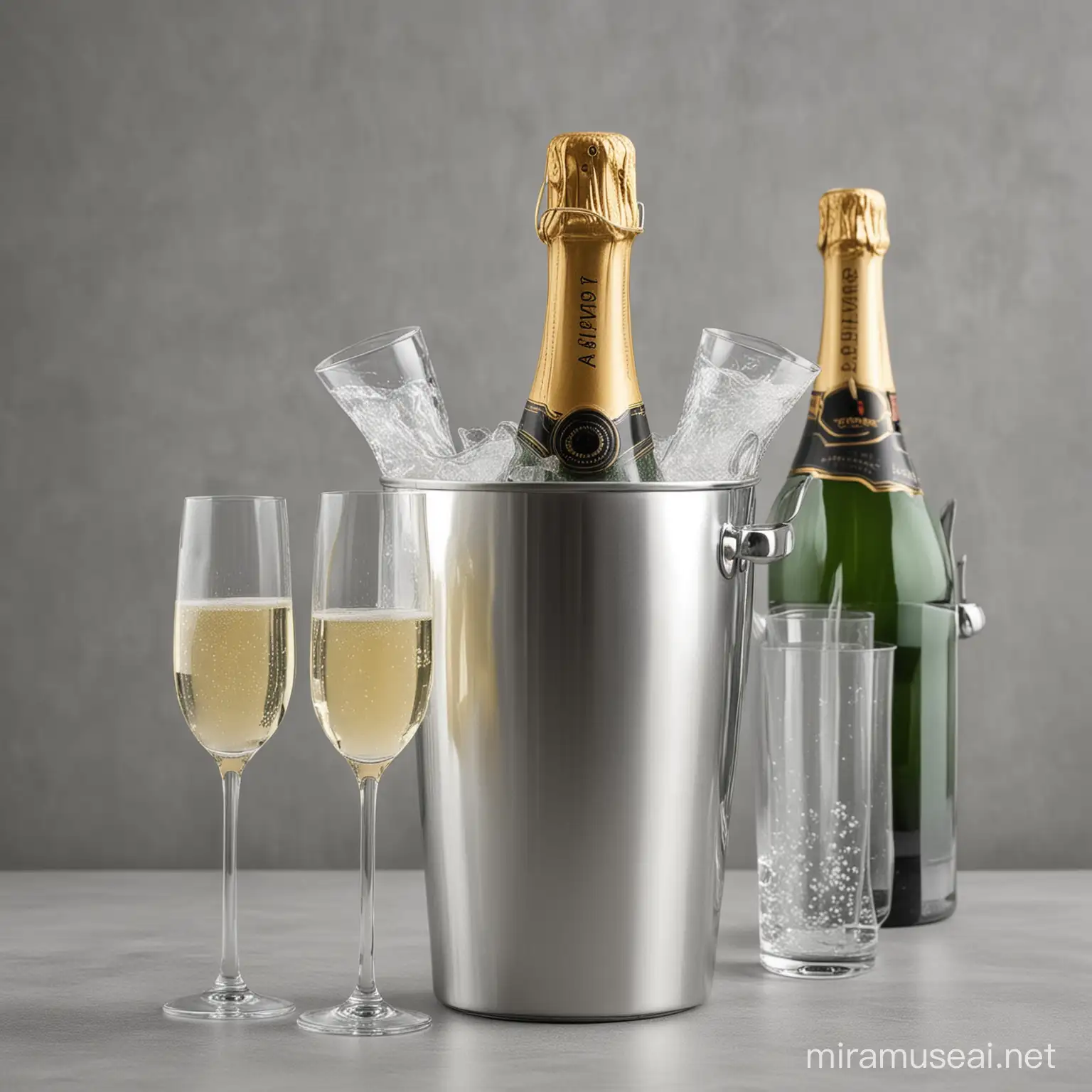 Elegant Champagne Setting with Glass and Cooler on Gray Background