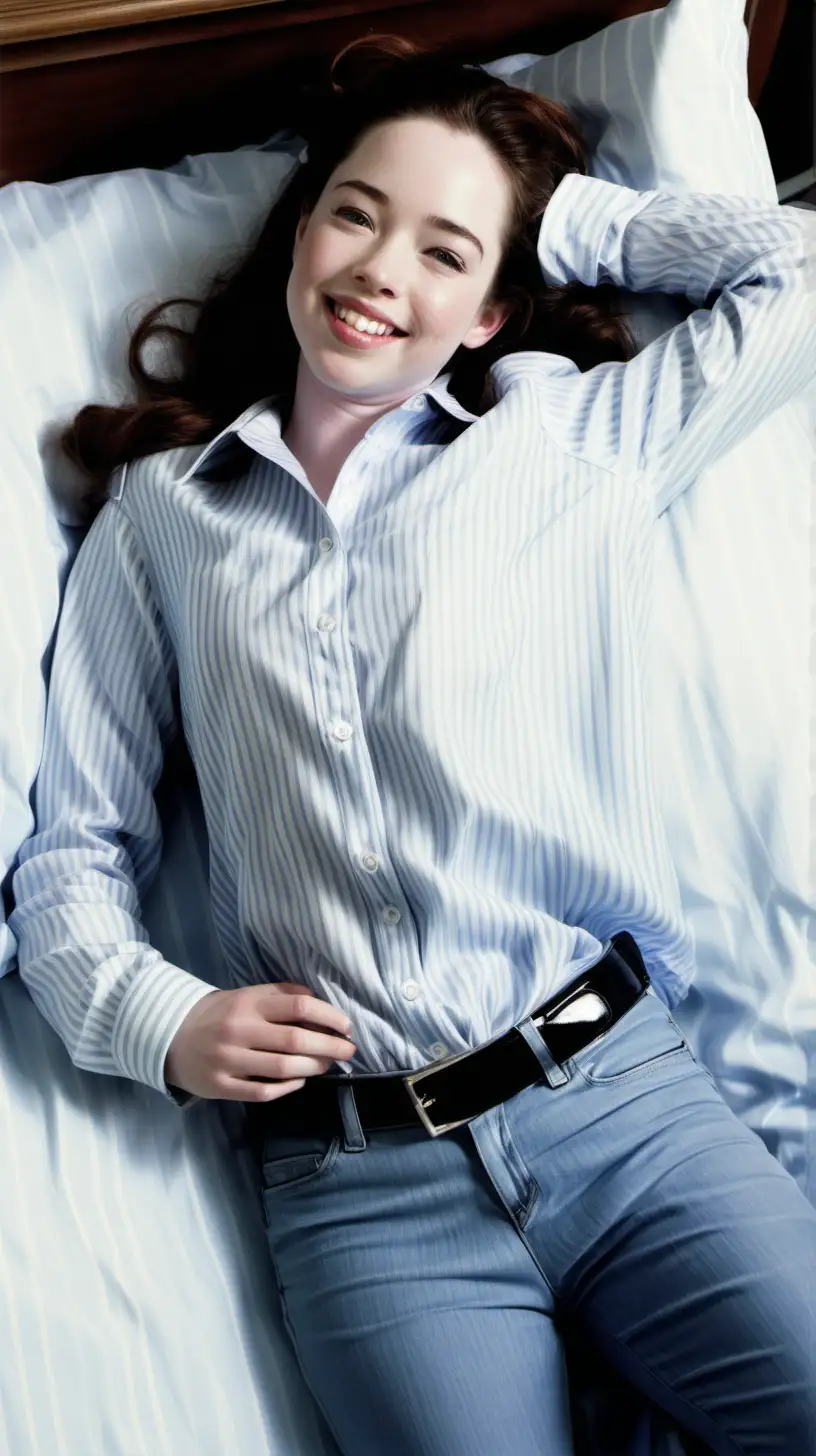 Anna Popplewell, angelic smile, lying on her back in bed, in very brightly bedroom, long sleeved white and light blue vertical medium bands striped polyester shirt blouse and jeans pants and black pumps 