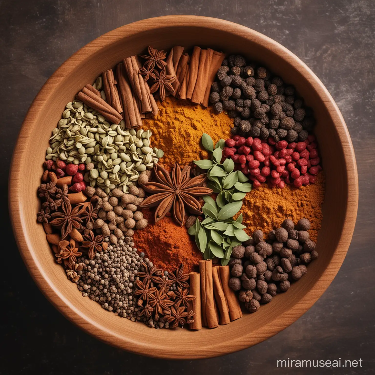 Generate an image of a bowl with multiple spices in top view