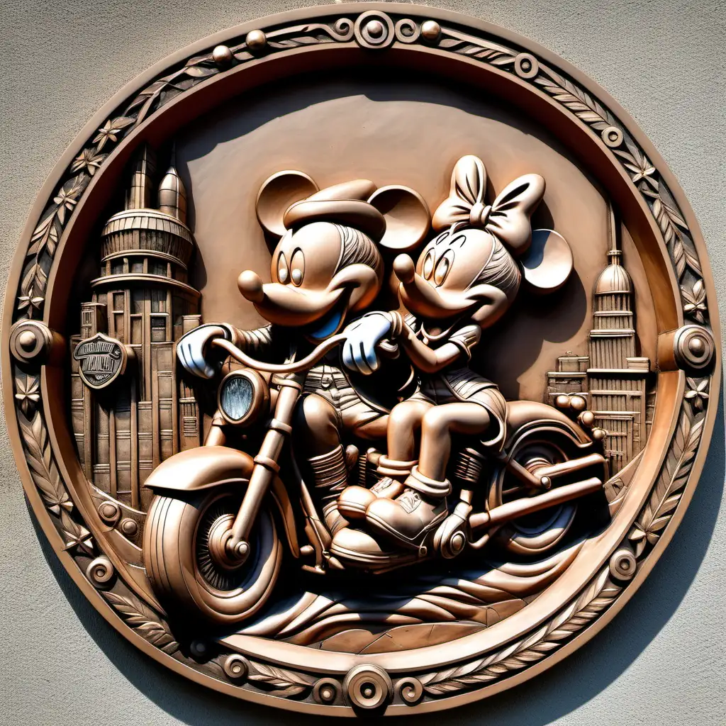 Bas relief rond Mickey et Minnie sur une Harley Davidson 