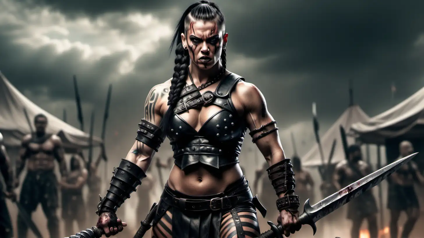 Full height extremely muscular tattooed black haired female barbarian with hair in cornrows flexing her biceps and scowling on a battlefield carrying a bloody sword and wearing sleeveless leather armor