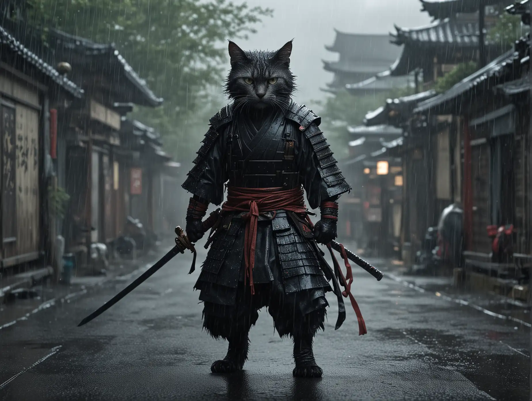 Humanoid cat, Samurai. in the rain, dark and gritty