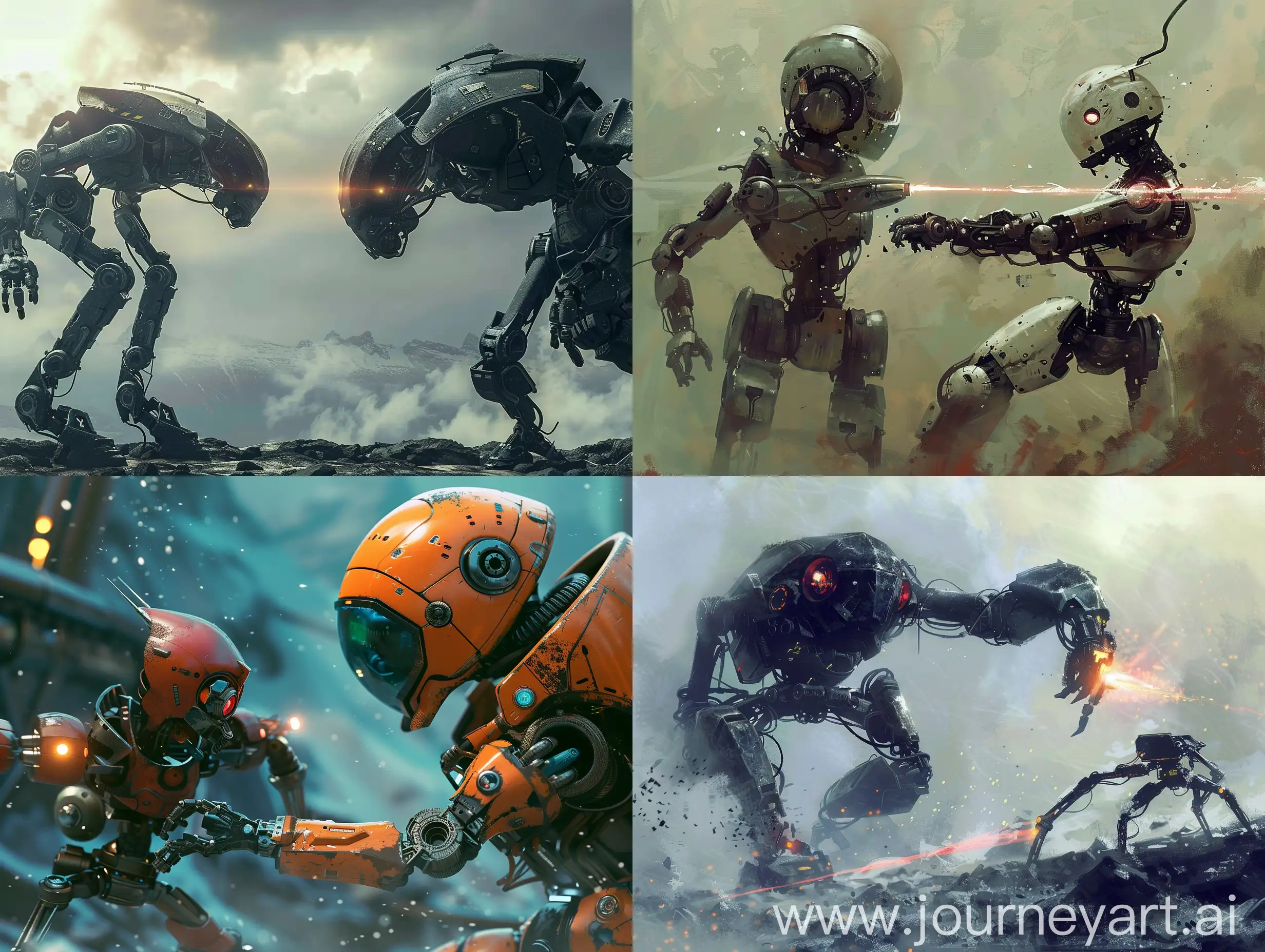 /imagine prompt: two different robots fighting each other:: Epic, Sci fi, high contrast ‐‐q 5 