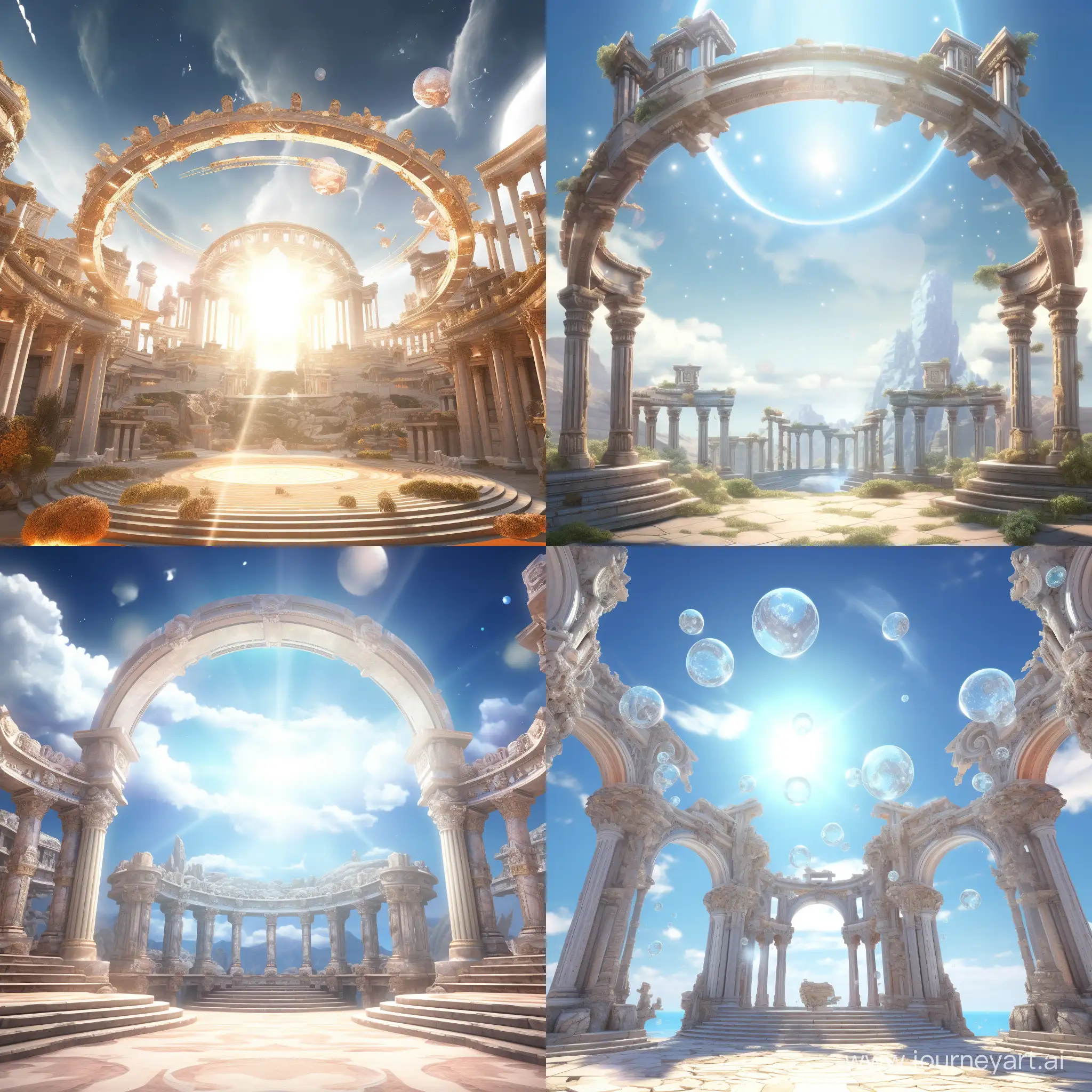 gorgeous coliseum circle flying high is skies, bright sunlight, high columns with magic energy orbs