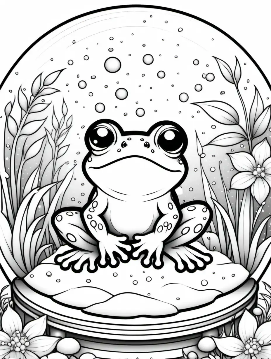 frog coloring book, snow globe framed, floral background, black and white, no shading, no background, thick black outline