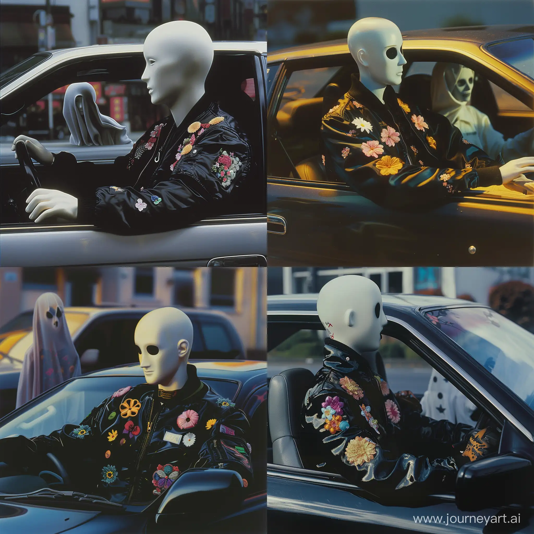 album art, antipop, 90s film, mannequin driving a japanese tuner car wearing a black jacket with flower patches, with a ghost riding in the passenger seat, realism