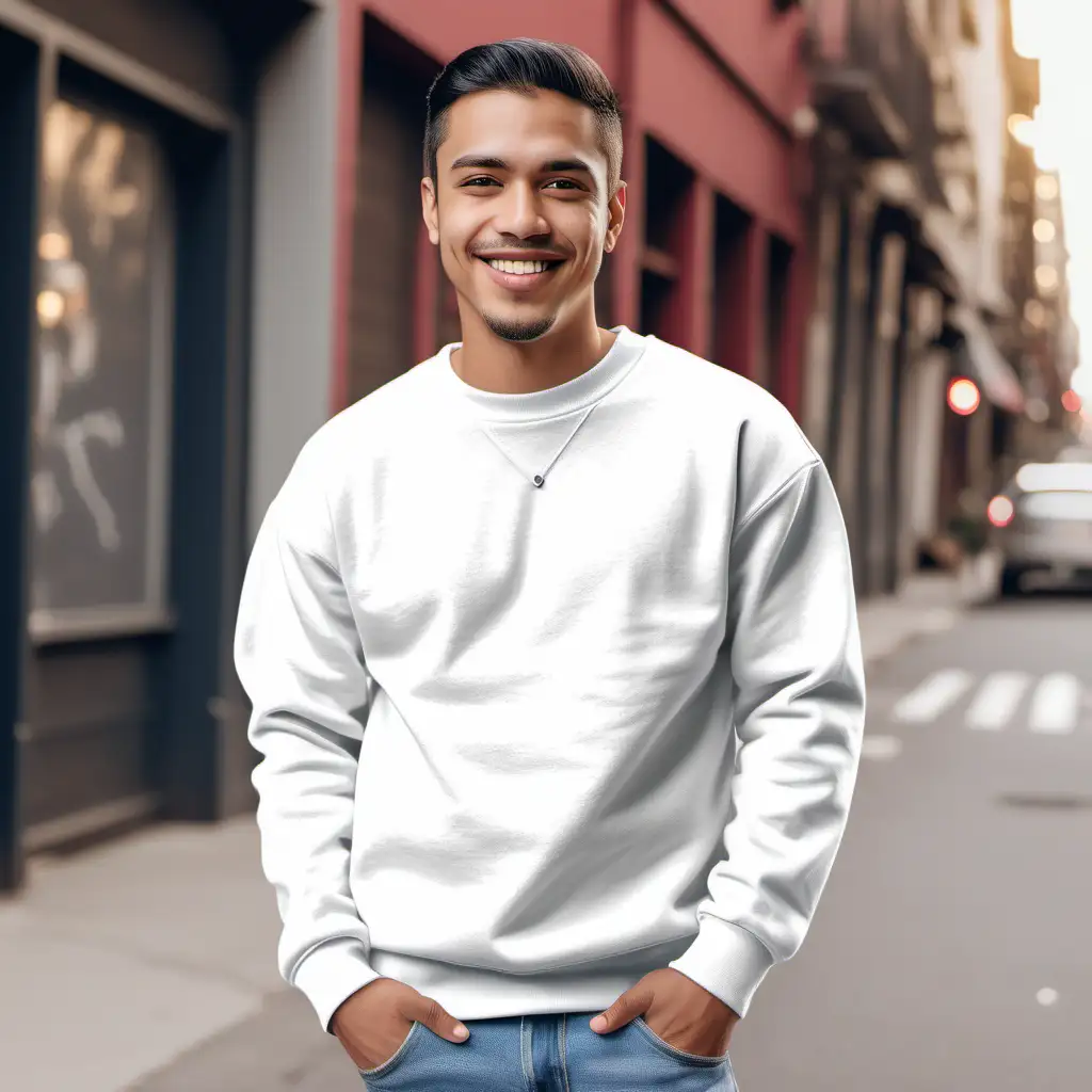  SEMI SMILE LATINO MAN wearing a plain WHITE,Gildan 18000 sweatshirt, and jeans mockup, aesthetic --s 50  CITY STREET backgroud 