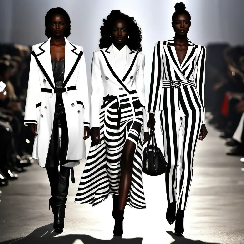 fancy black and white outfits on dark runway