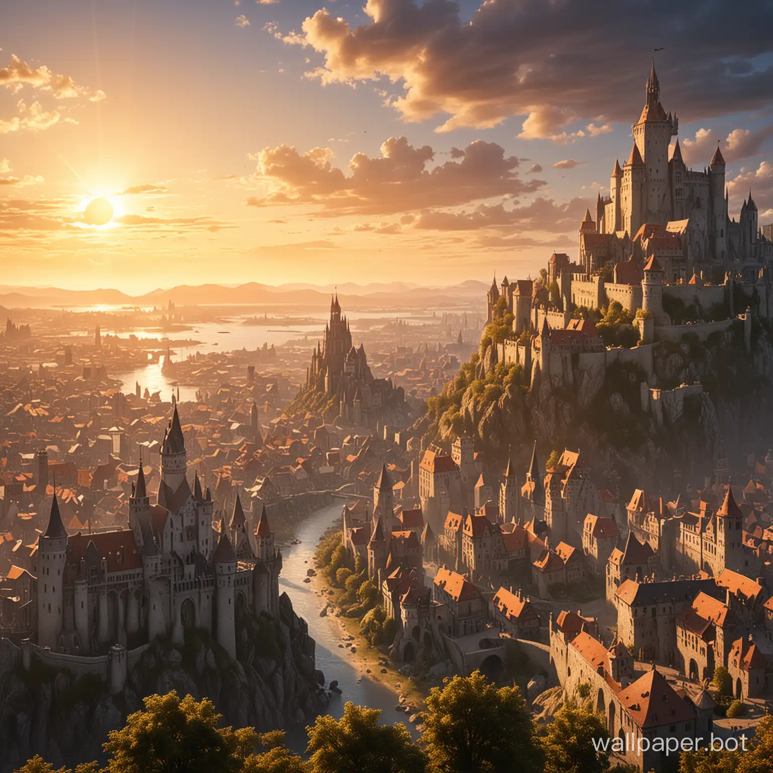 high fantasy city with a european middle ages castle in the background and sun going down