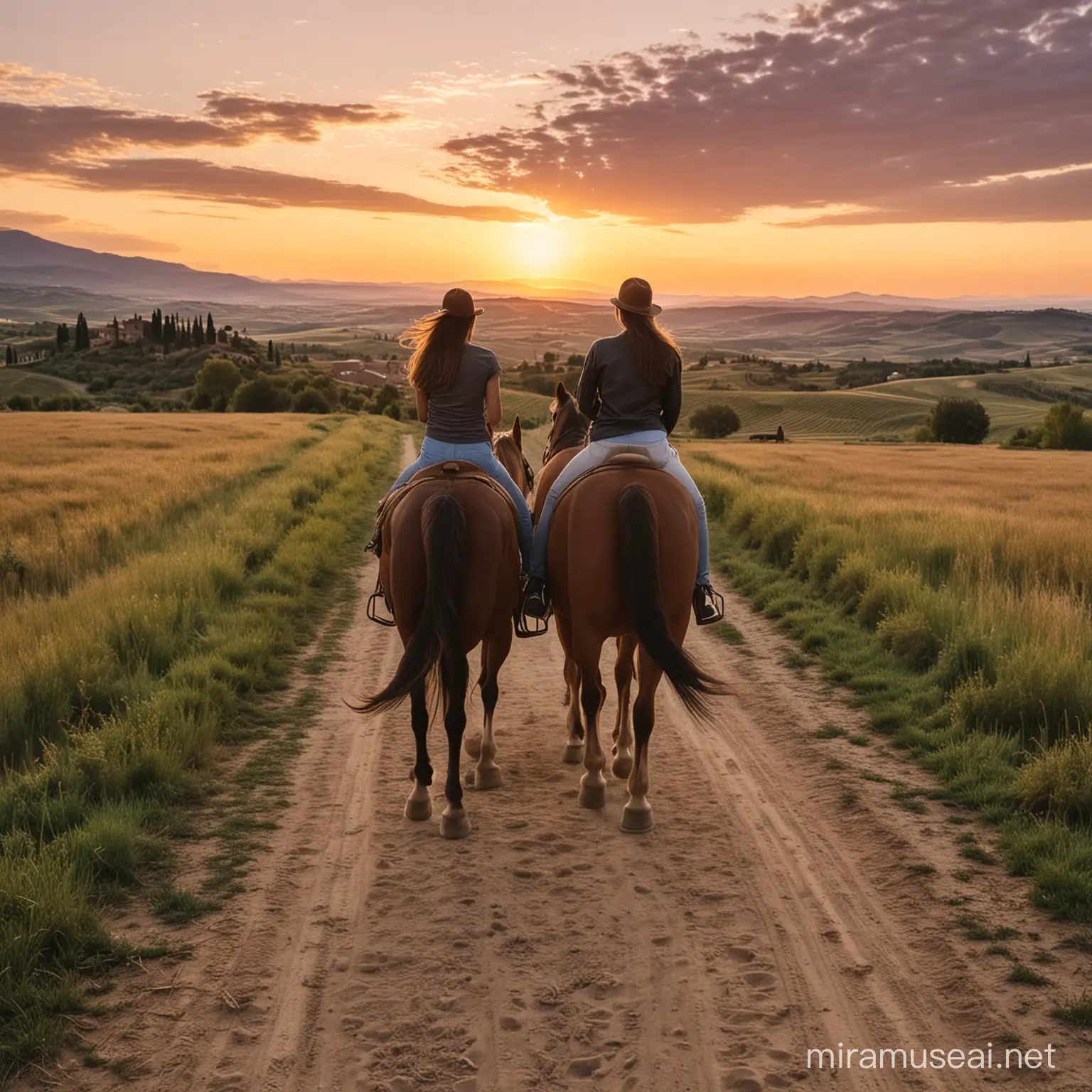 2 girls riding into the sunset on horses in Tuscany italy 
