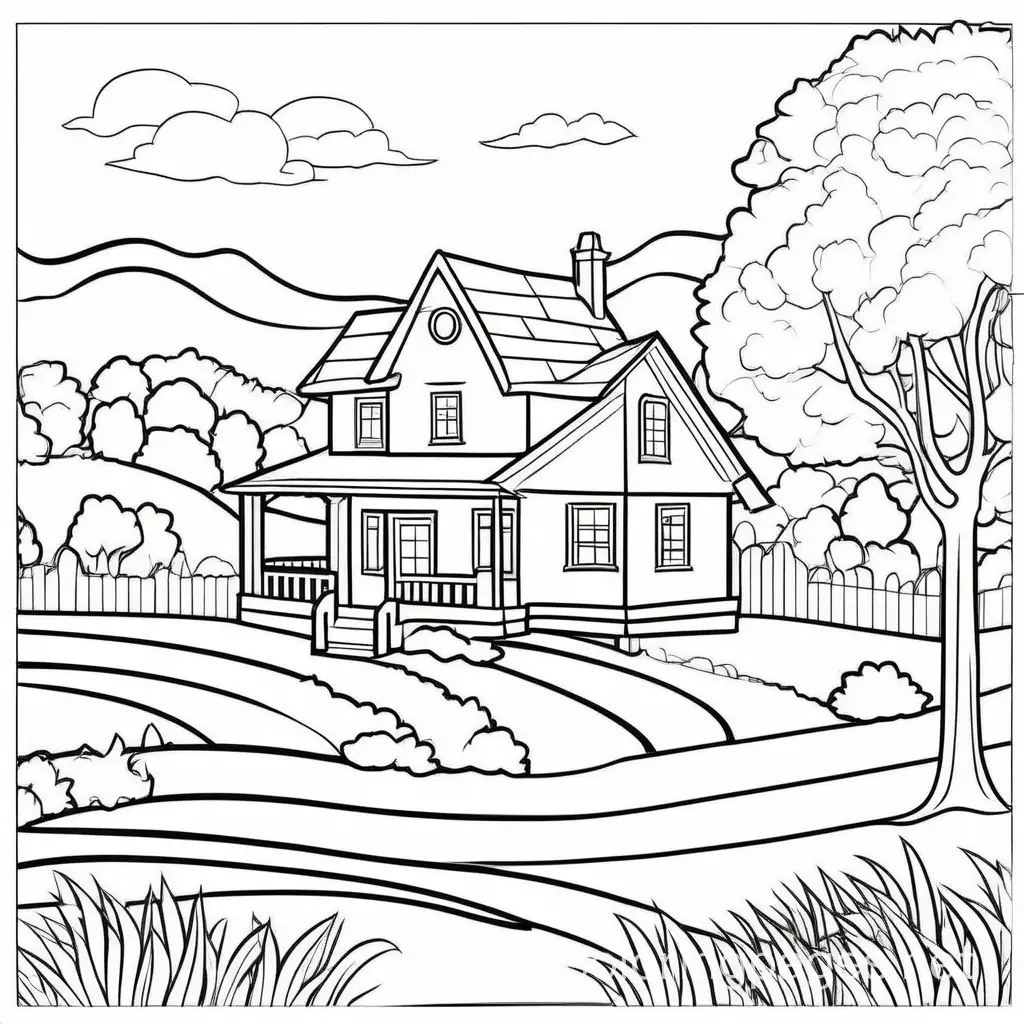 Landscape with house, Coloring Page, black and white, line art, white background, Simplicity, Ample White Space. The background of the coloring page is plain white to make it easy for young children to color within the lines. The outlines of all the subjects are easy to distinguish, making it simple for kids to color without too much difficulty