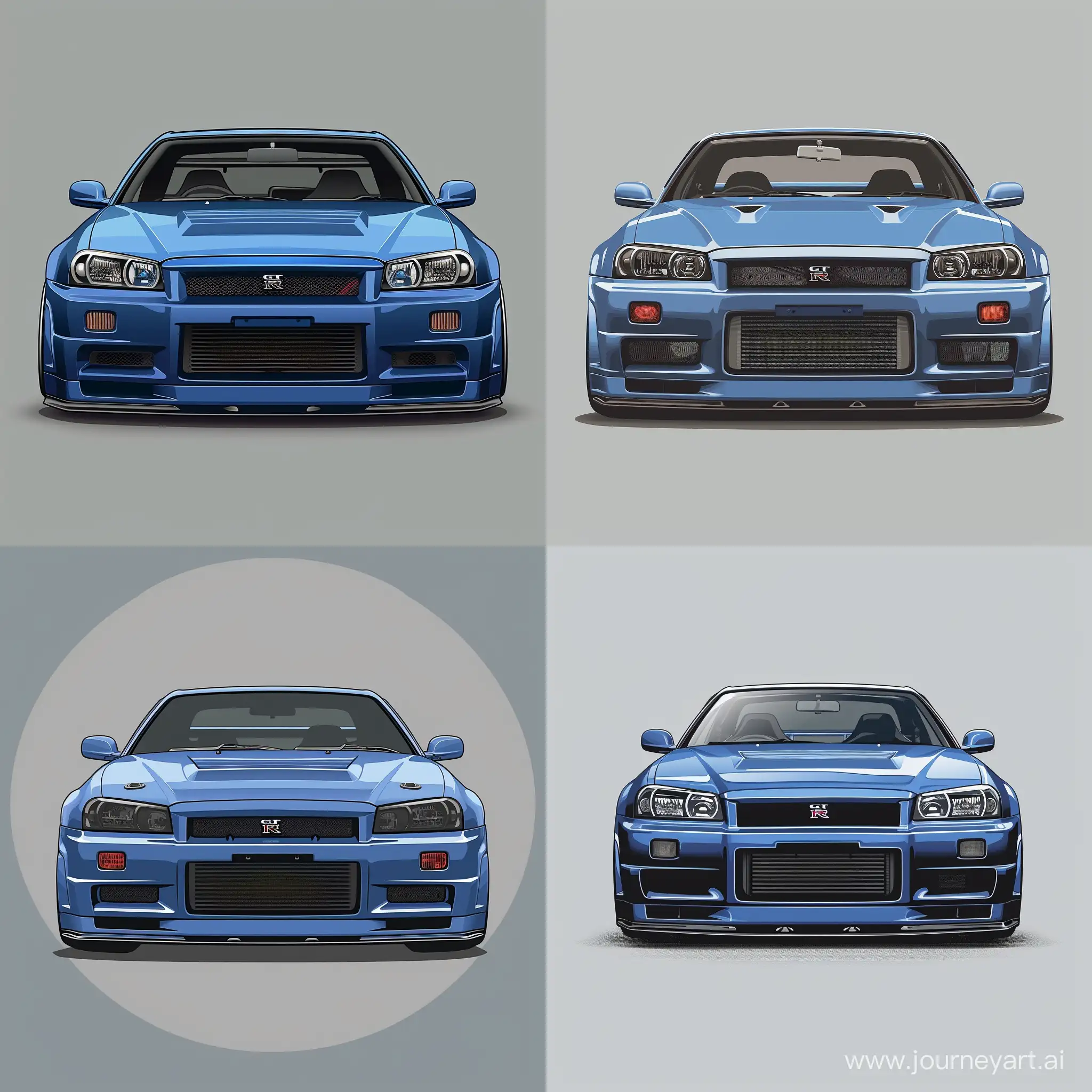 Minimalism 2D Illustration Car of Front View, Nissan Skyline GTR R34: Blue Body Color, Simple Gray Background, Adobe Illustrator Software, High Precision --v 6.0