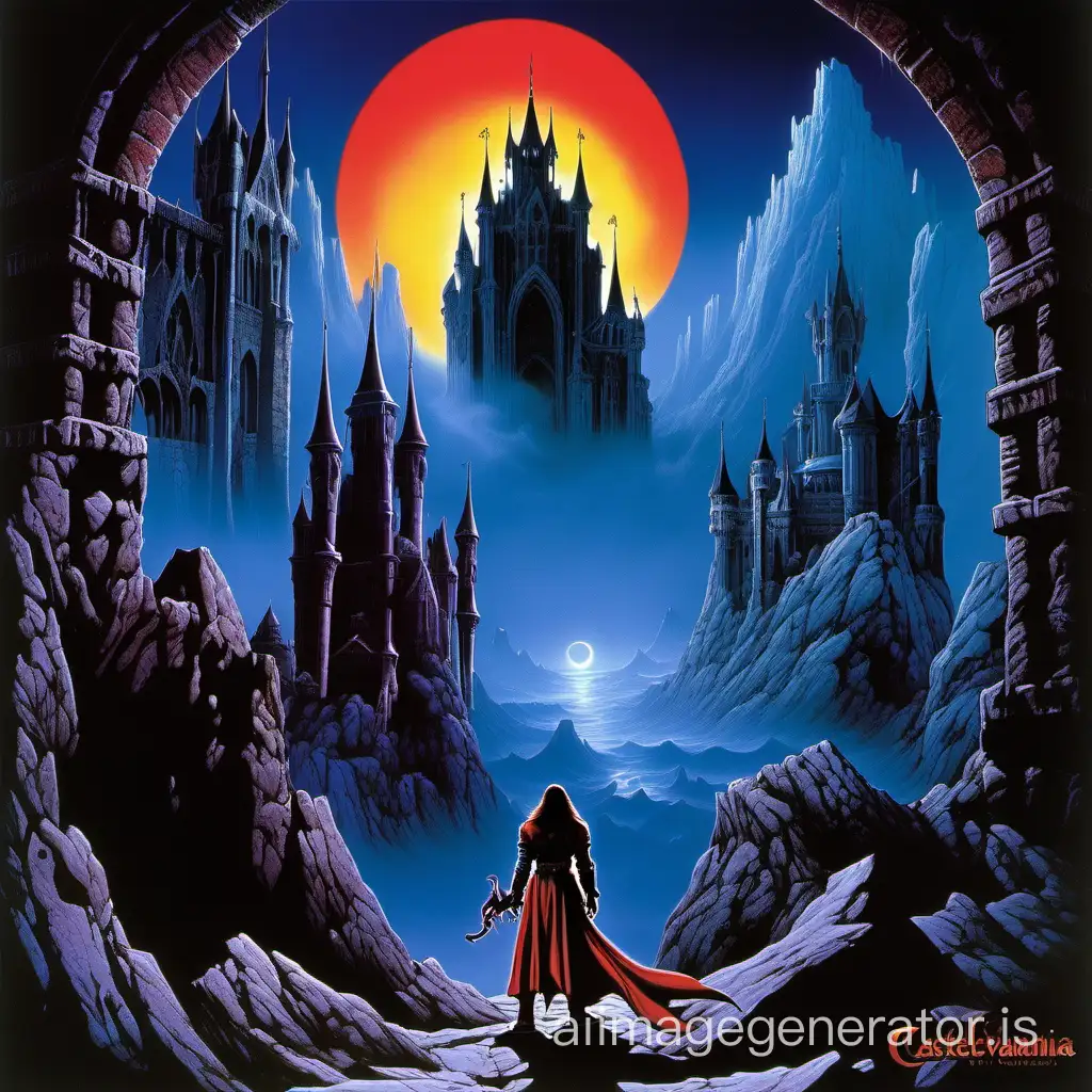Imagine castlevania in the style of Michael Whelan . masterpiece, best quality, High contrast, colorful, stark, dramatic, detailed background, high quality, Michael Whelan ,