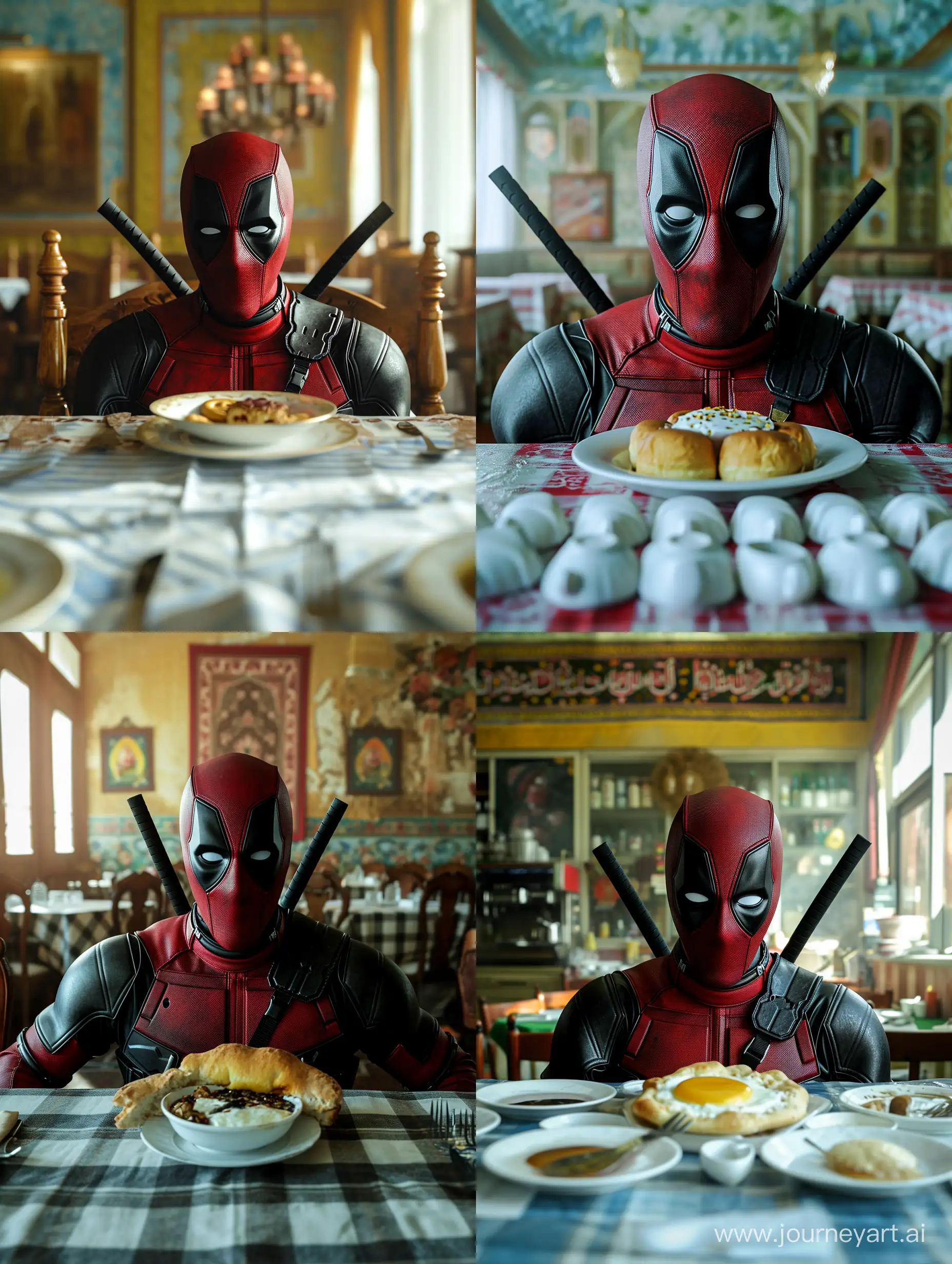 close up, deadpool eating breakfast in a iranian restaurant, symmetrical balance, hyper-realistic --ar 3:4 --style raw