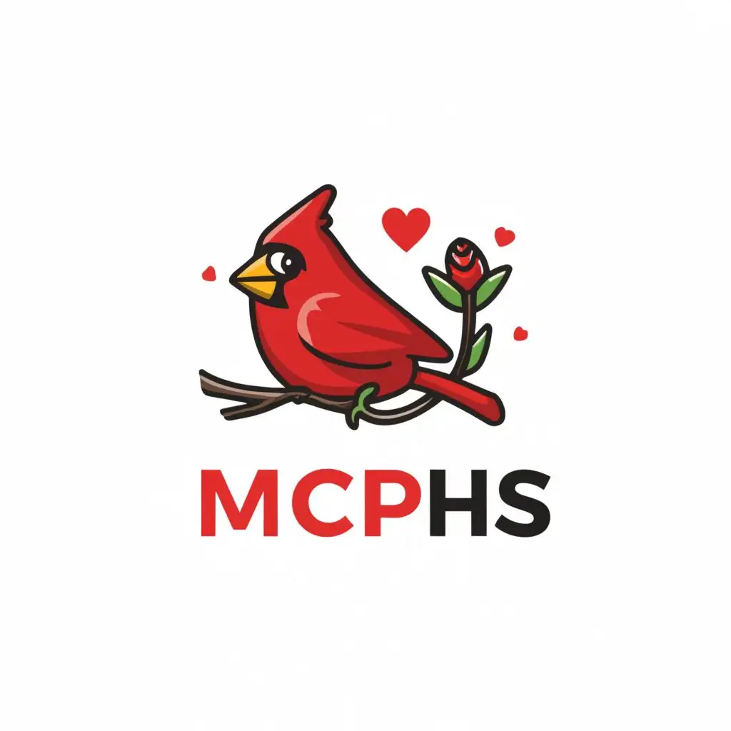 a logo design,with the text "MCPHS", main symbol:A cute cartoon cardinal with flower and heart,Moderate,clear background