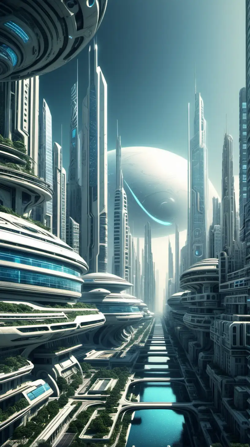 Futuristic Cityscape with Skyline and Technology Wonders