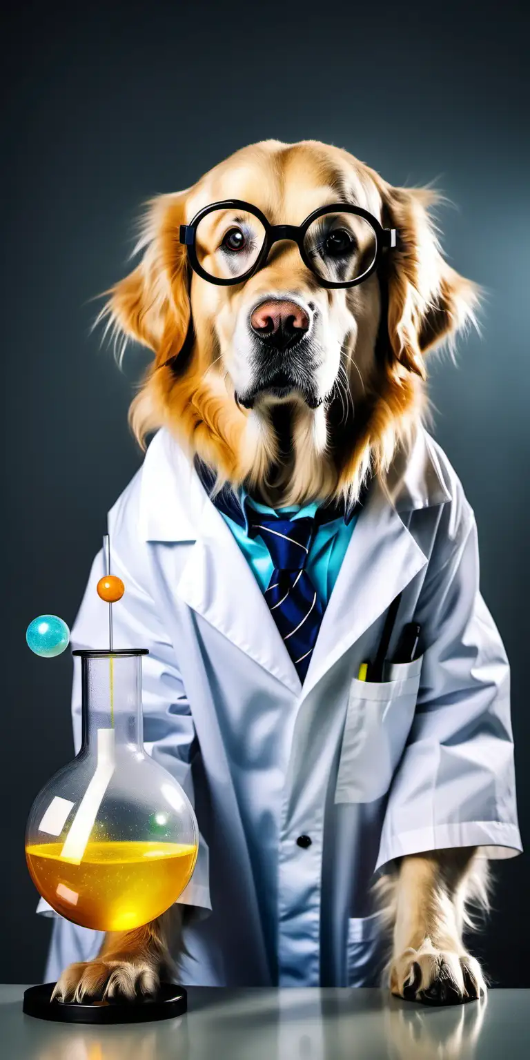 a golden retriever dressed like a scientist doing science experiments