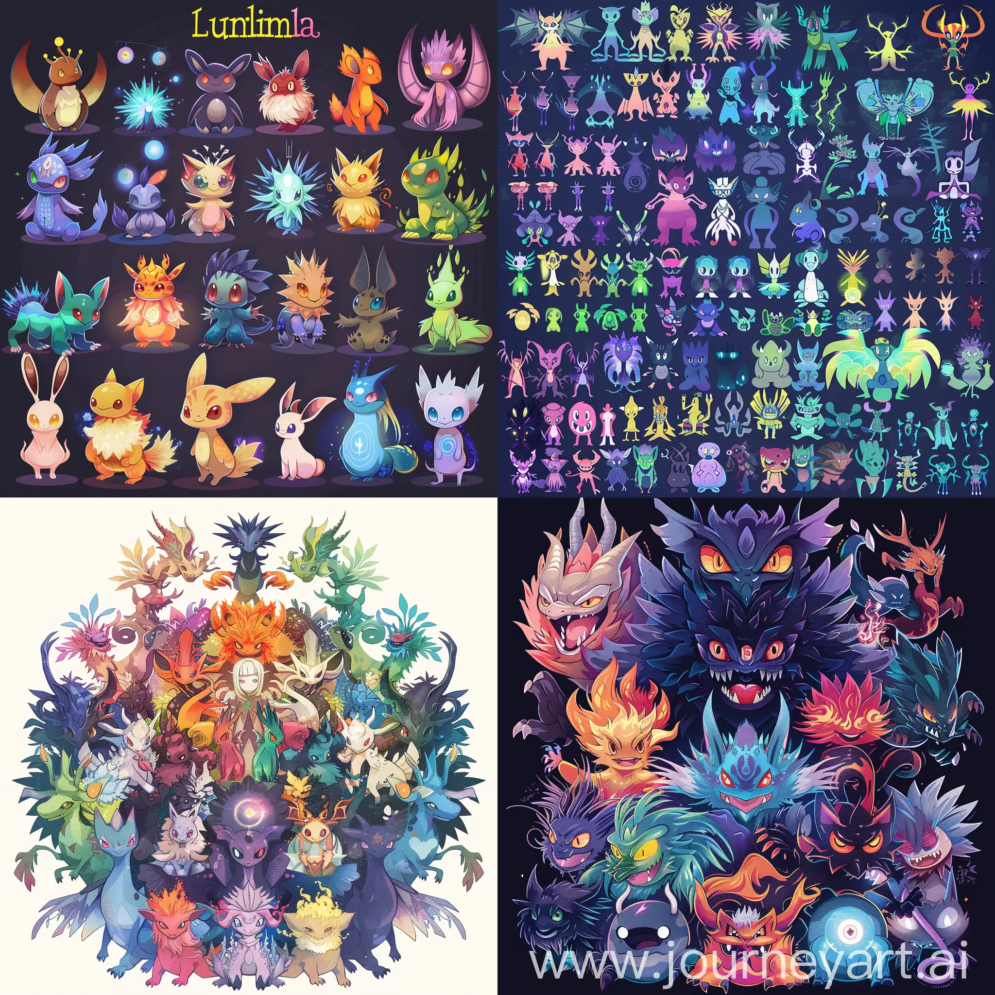 Anime style, one hundred creatures, similar to Pokémon, known as Luminimals, evolved, diferent types, powerful, unique.