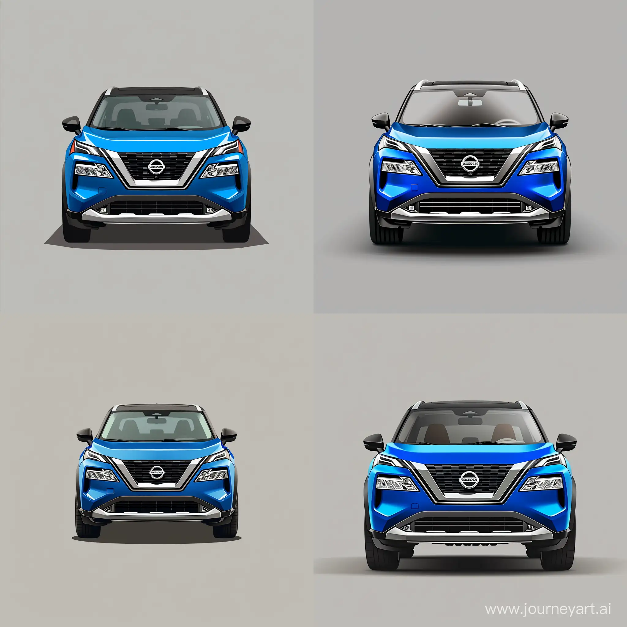 Minimalism 2D Illustration Car of Front View, Nissan Rogue: Blue Body Color, Simple Gray Background, Adobe Illustrator Software, High Precision