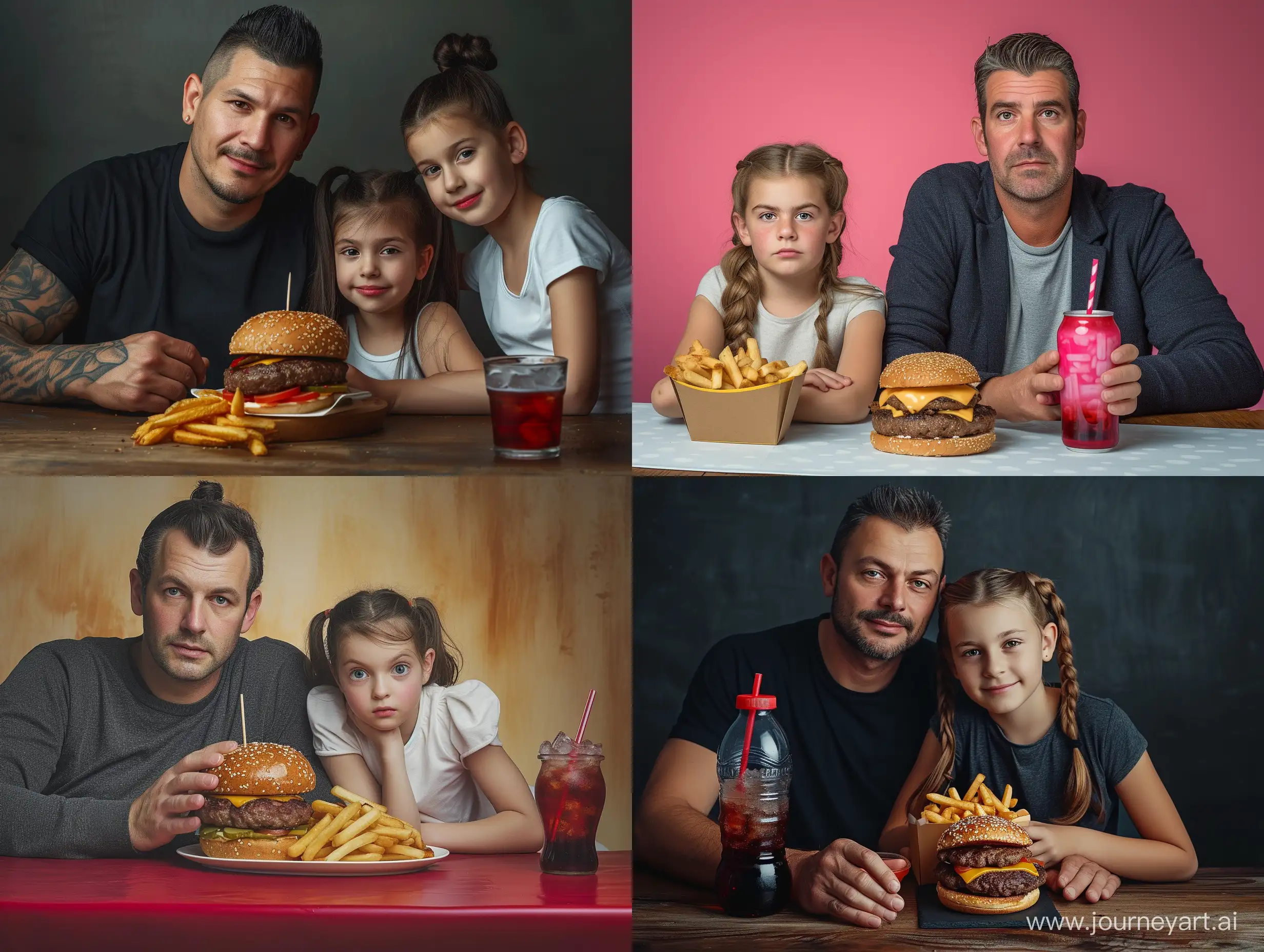 ultra-realistic, incredibly detailed and realistic photography, photo of father and daughter, sitting at a table with a delicious burger with fries and soda, random poses